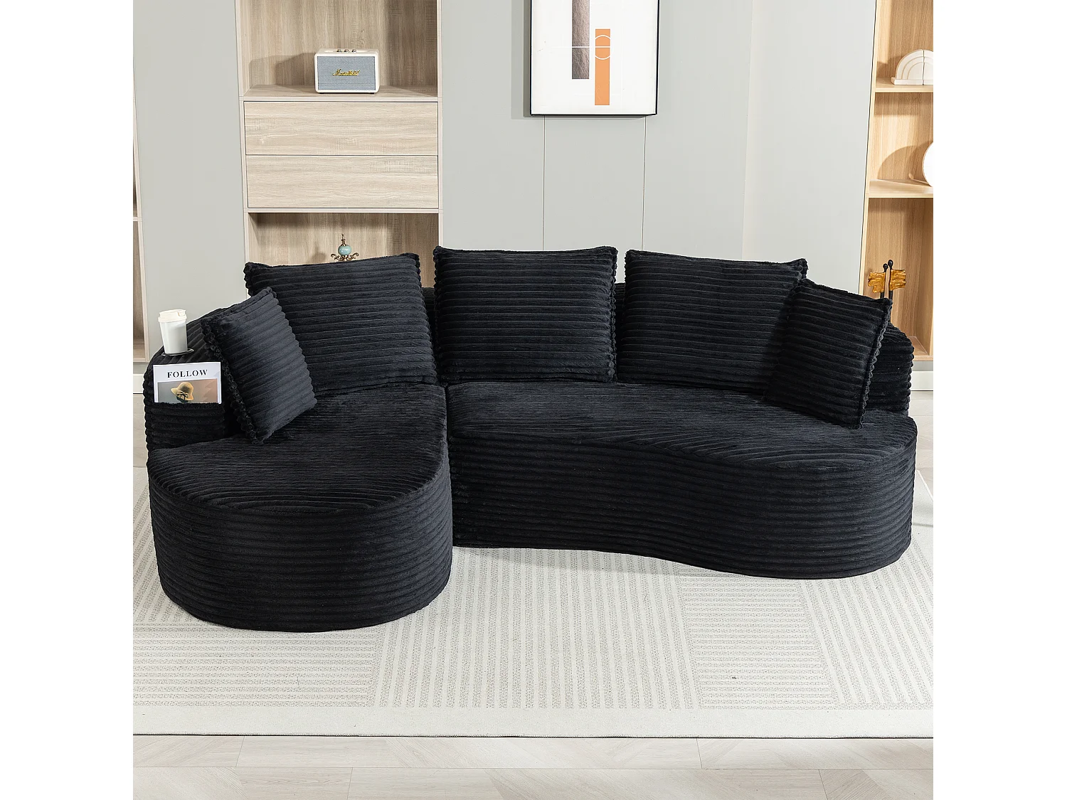 Canapé 3 places en velours côtelé - 250 x 152 x 82 cm - avec porte-gobelet + poche + coussins - noir