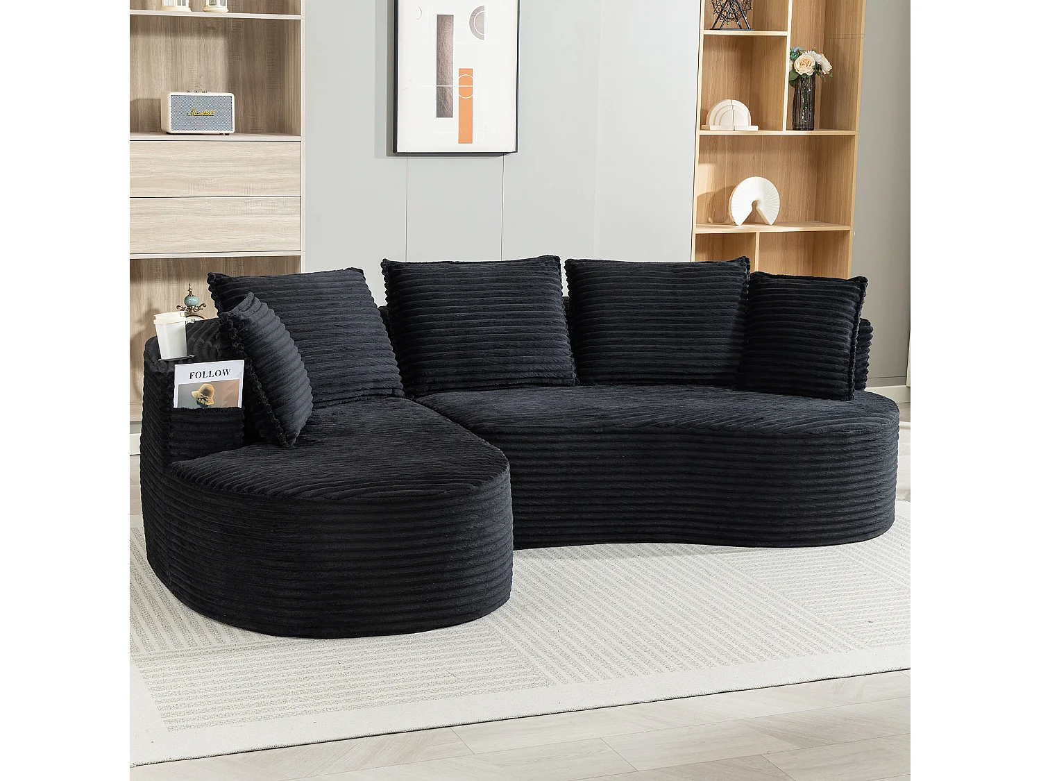 Canapé 3 places en velours côtelé - 250 x 152 x 82 cm - avec porte-gobelet + poche + coussins - noir