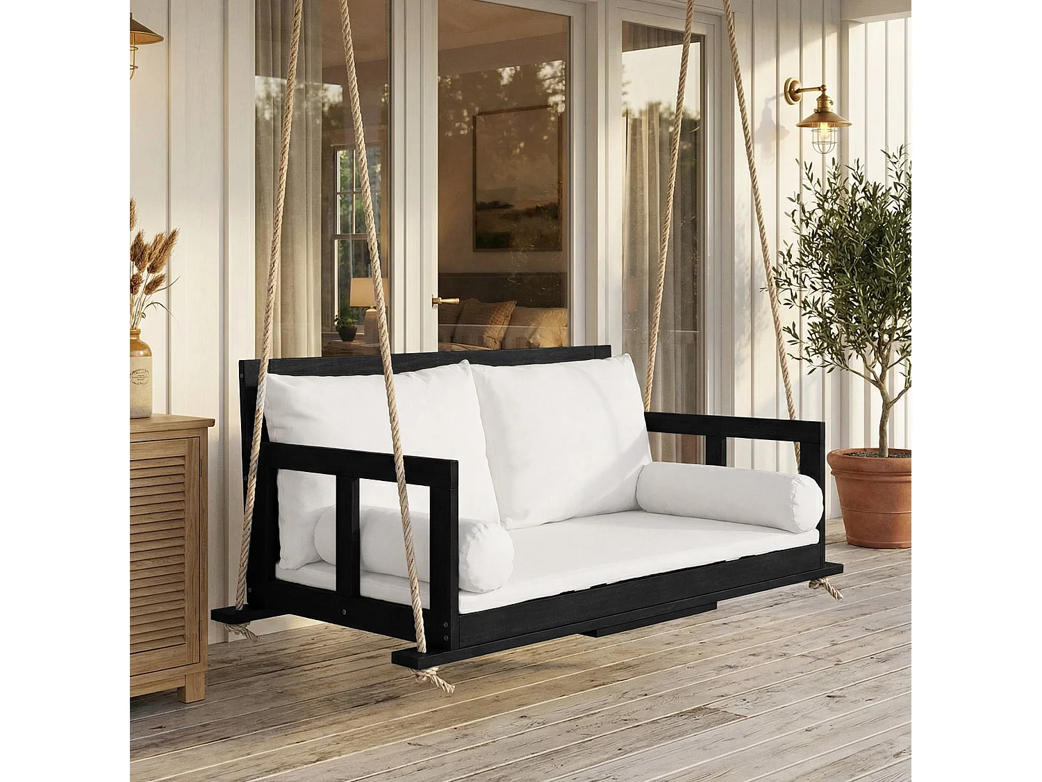 Cadeira de jardim dupla suspensa - 136 x 63 x 65 cm - com almofada + 2 cordas (estrutura não incluída) - acácia - preta