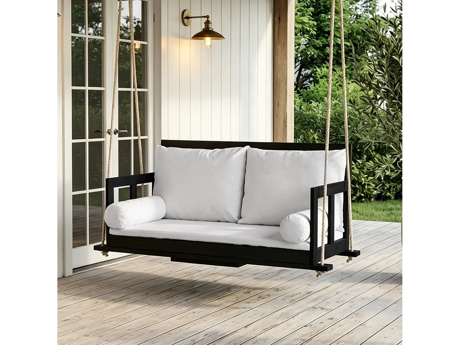 Cadeira de jardim dupla suspensa - 136 x 63 x 65 cm - com almofada + 2 cordas (estrutura não incluída) - acácia - preta