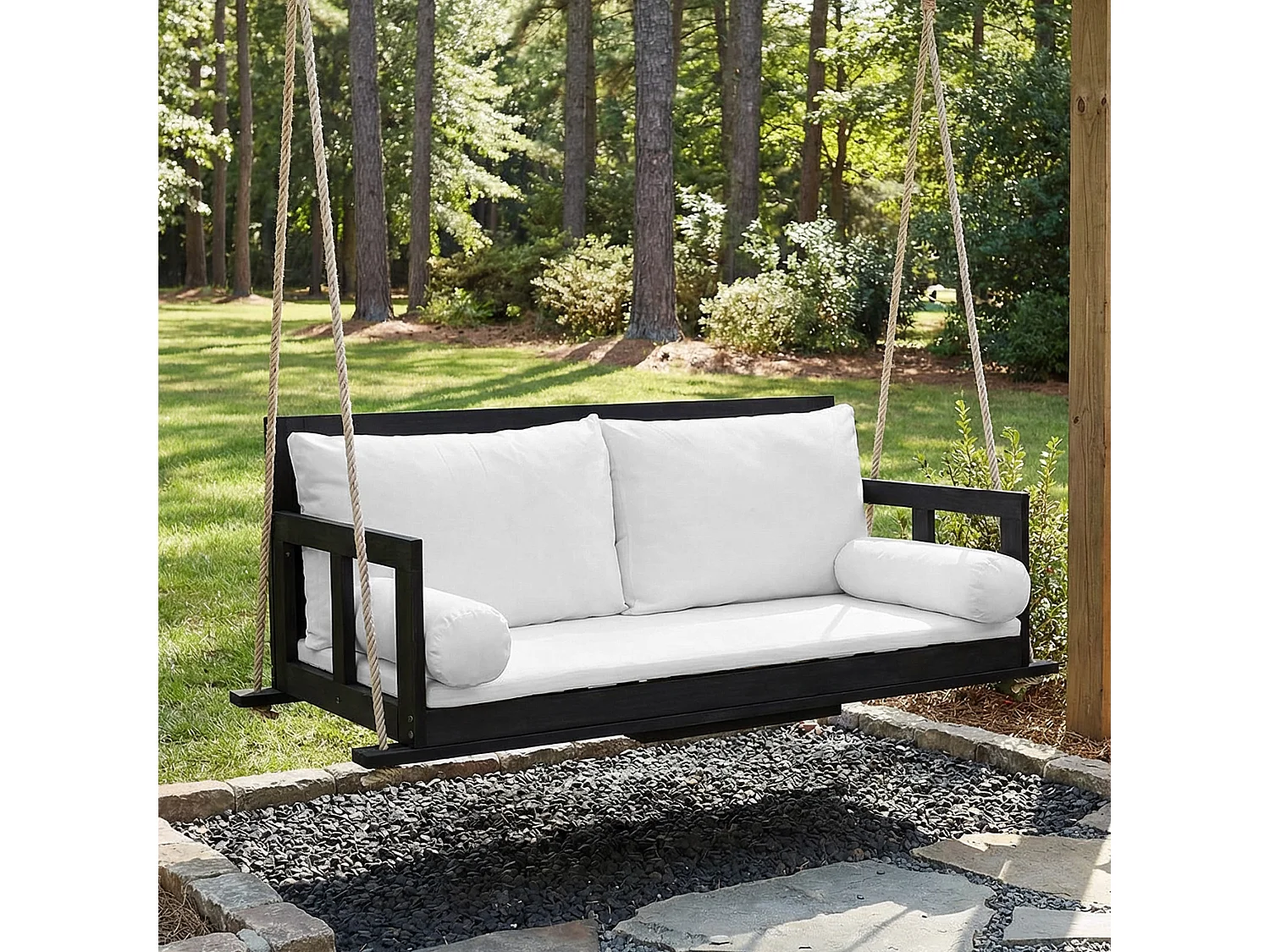 Cadeira de jardim dupla suspensa - 136 x 63 x 65 cm - com almofada + 2 cordas (estrutura não incluída) - acácia - preta