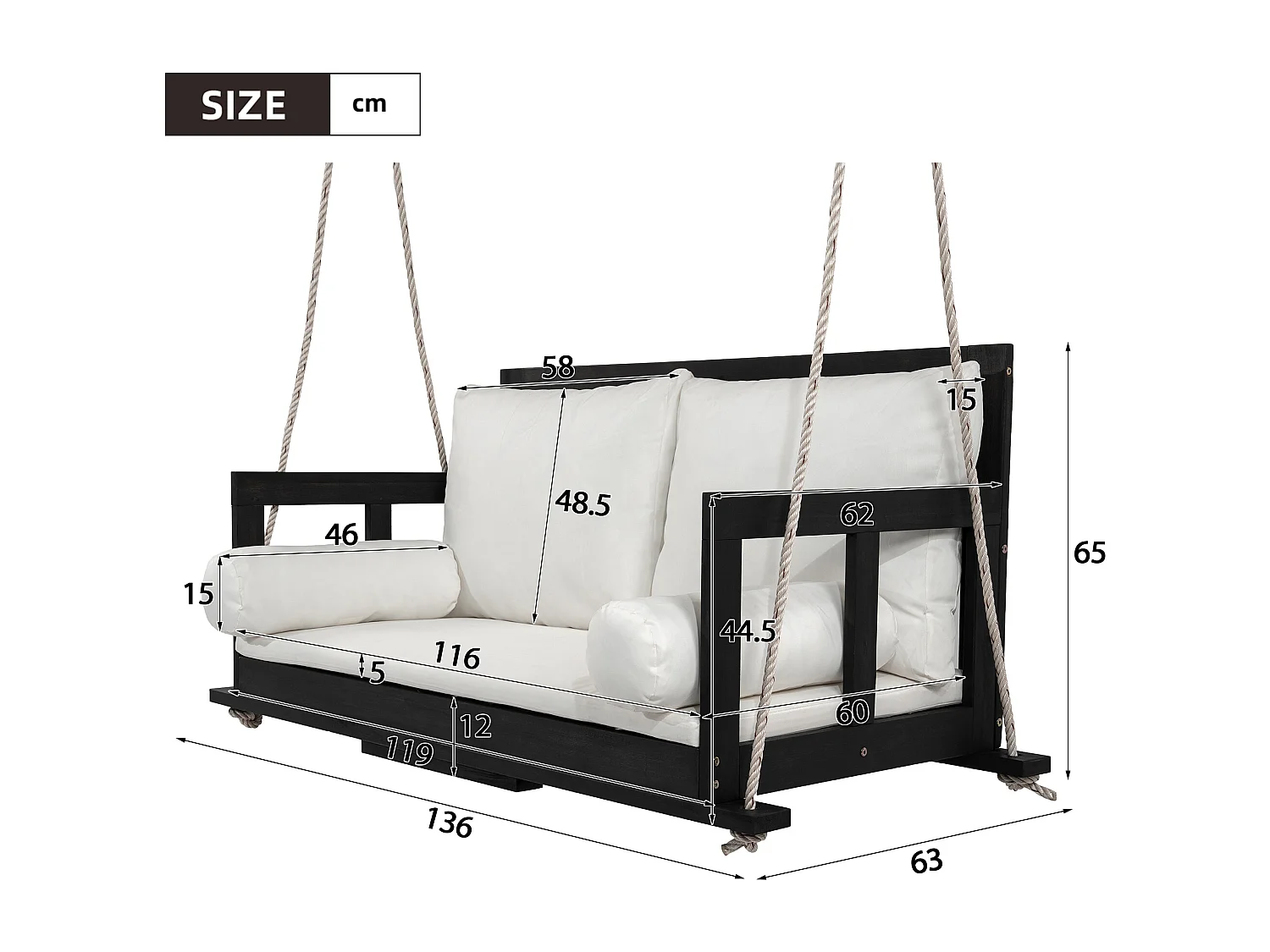 Cadeira de jardim dupla suspensa - 136 x 63 x 65 cm - com almofada + 2 cordas (estrutura não incluída) - acácia - preta