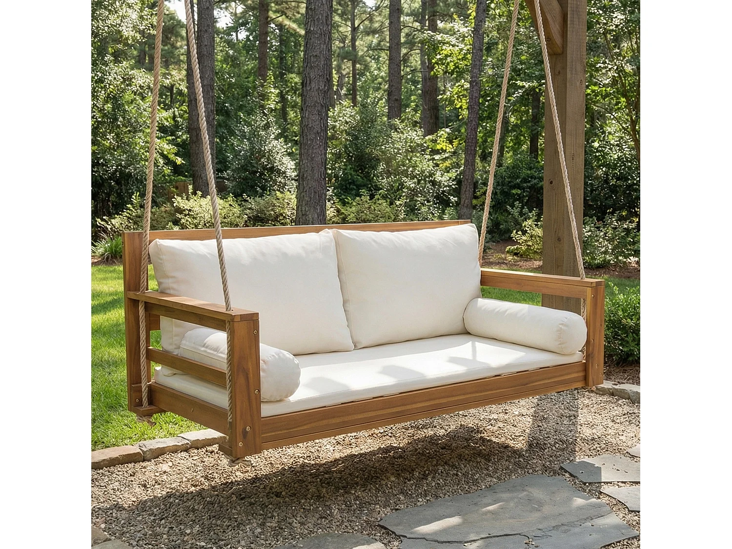 Cadeira de jardim dupla suspensa - 129 x 62 x 60 cm - com almofada + 2 cordas (estrutura não incluída) - acácia - natural