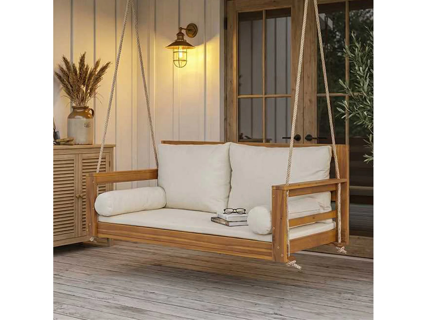 Cadeira de jardim dupla suspensa - 129 x 62 x 60 cm - com almofada + 2 cordas (estrutura não incluída) - acácia - natural