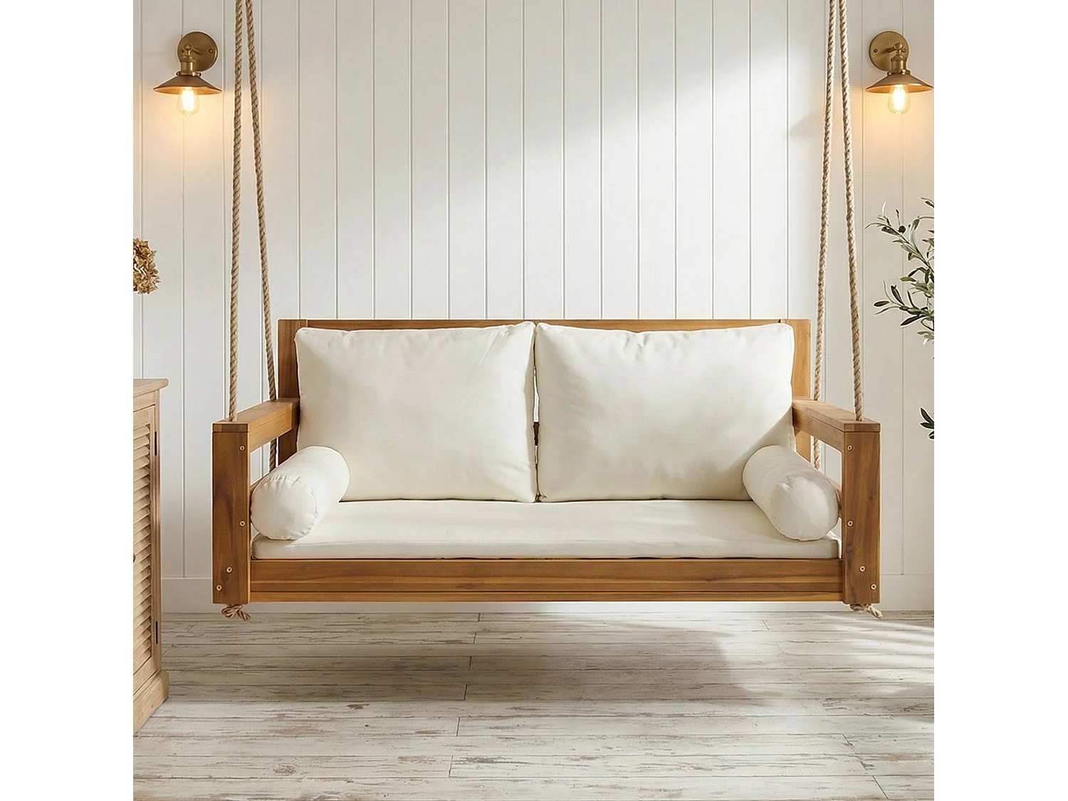 Cadeira de jardim dupla suspensa - 129 x 62 x 60 cm - com almofada + 2 cordas (estrutura não incluída) - acácia - natural