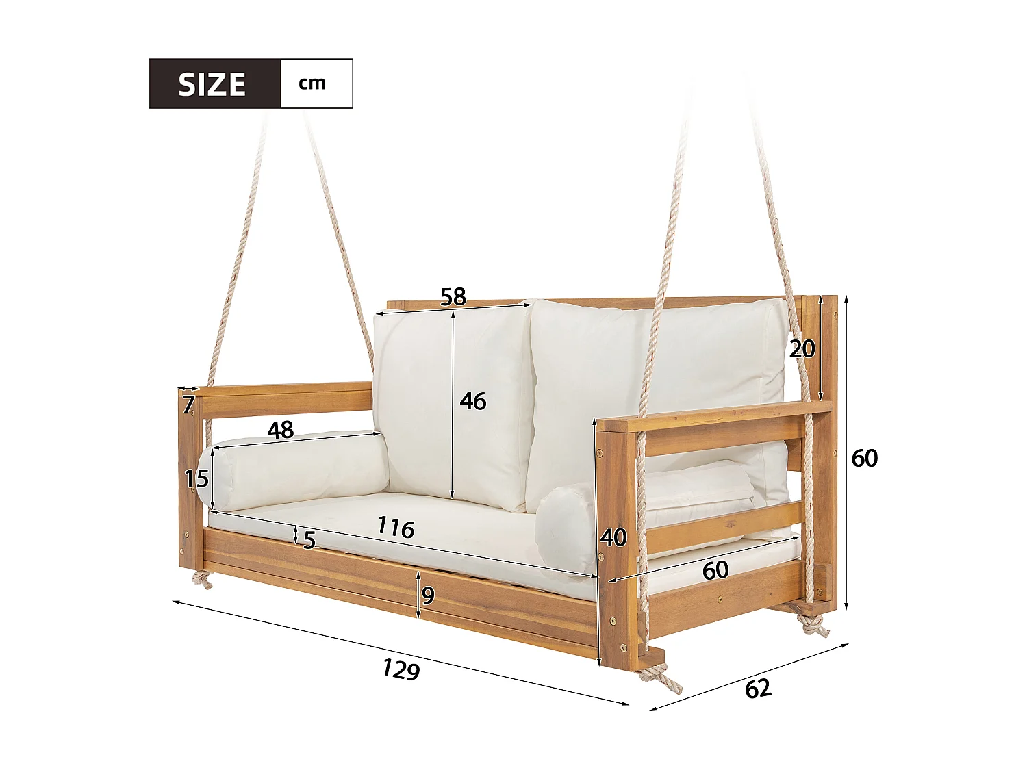Cadeira de jardim dupla suspensa - 129 x 62 x 60 cm - com almofada + 2 cordas (estrutura não incluída) - acácia - natural