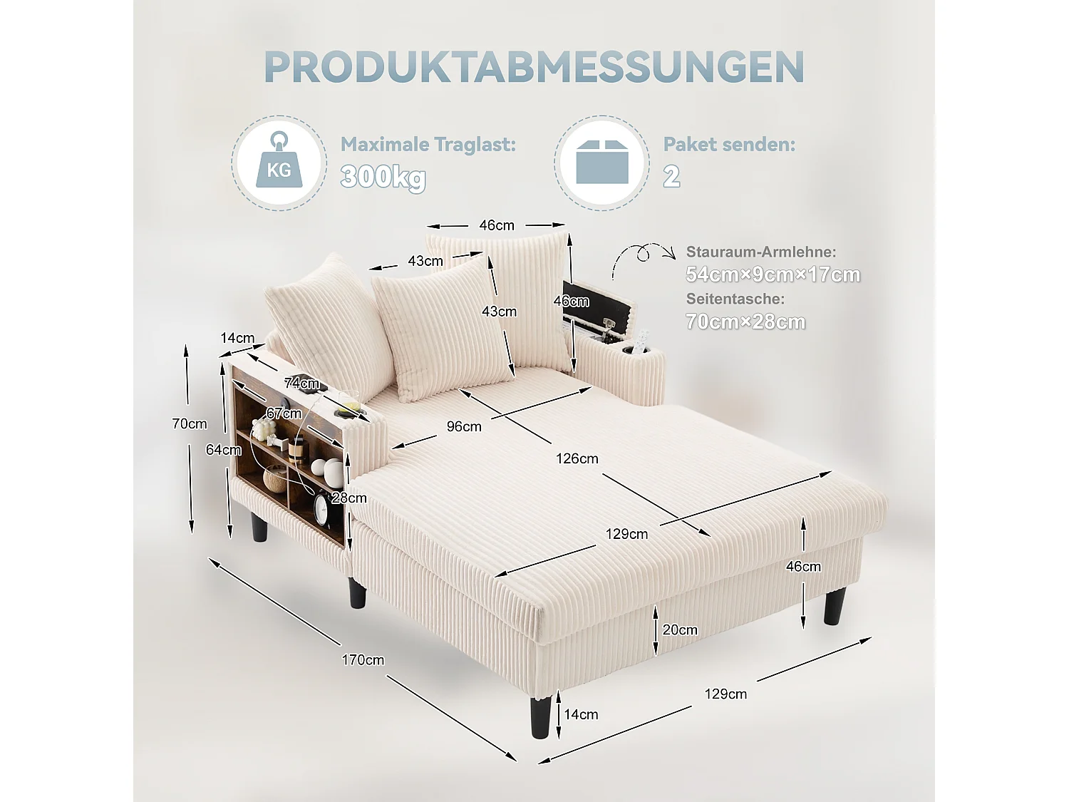 Méridienne 2 places en velours côtelé - 170 x 129 x 70 cm - avec porte-gobelets + Leds + USB + étagères + poche - beige