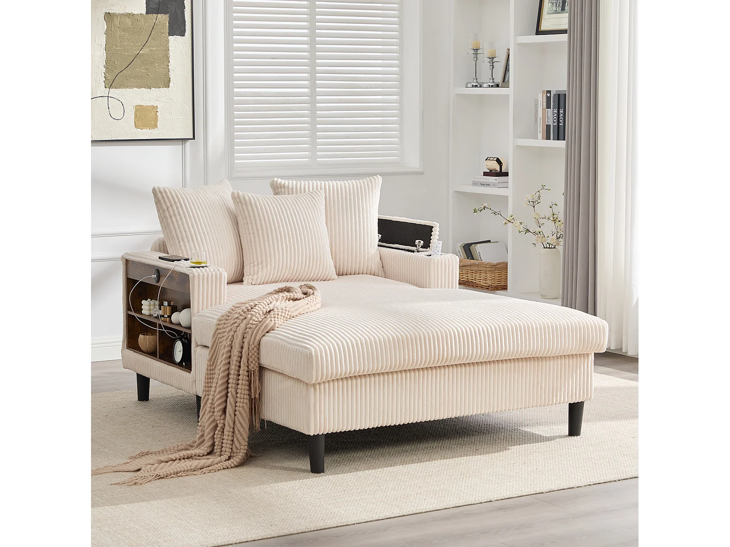 Méridienne 2 places en velours côtelé - 170 x 129 x 70 cm - avec porte-gobelets + Leds + USB + étagères + poche - beige