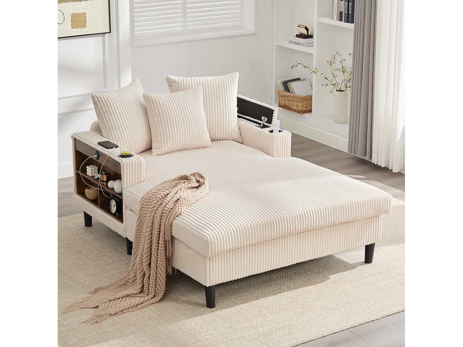 Méridienne 2 places en velours côtelé - 170 x 129 x 70 cm - avec porte-gobelets + Leds + USB + étagères + poche - beige