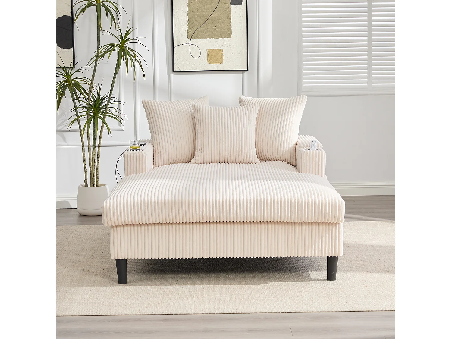 Méridienne 2 places en velours côtelé - 170 x 129 x 70 cm - avec porte-gobelets + Leds + USB + étagères + poche - beige