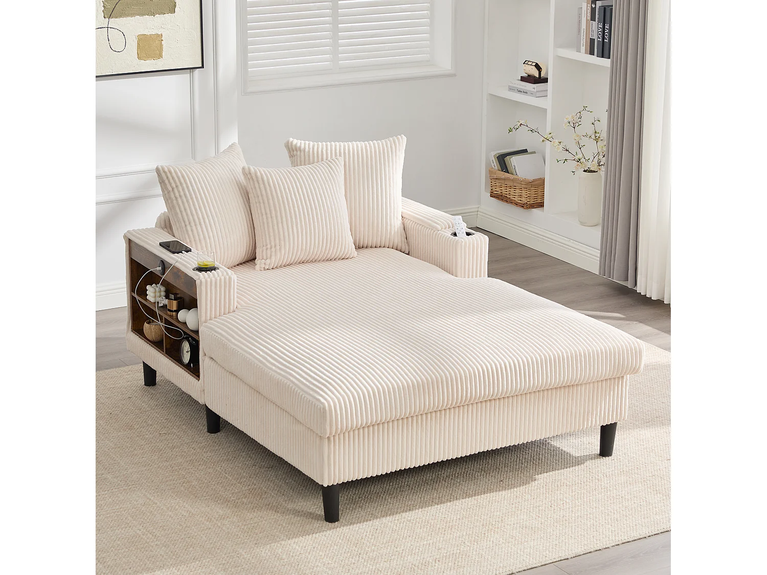 Méridienne 2 places en velours côtelé - 170 x 129 x 70 cm - avec porte-gobelets + Leds + USB + étagères + poche - beige