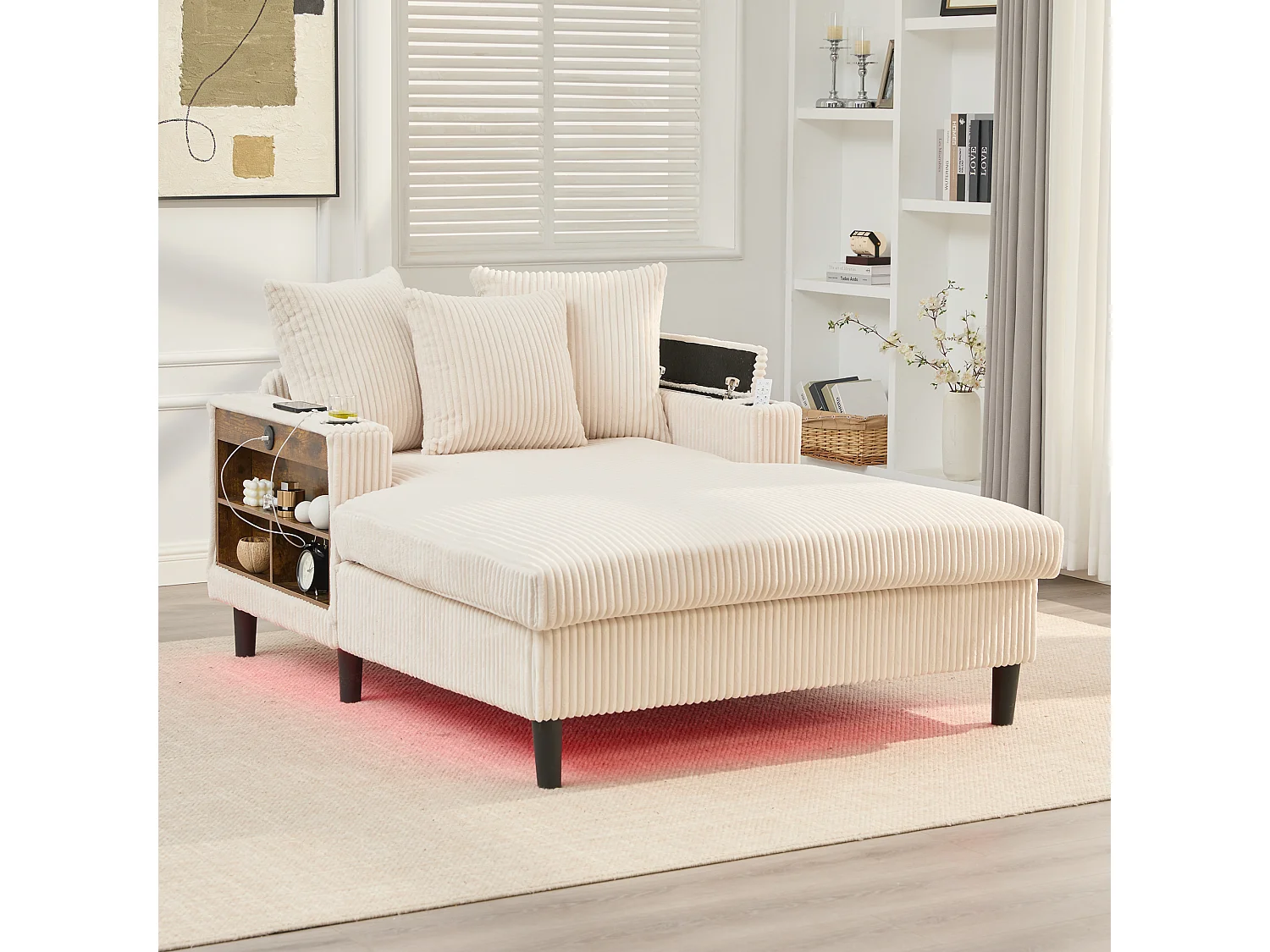 Méridienne 2 places en velours côtelé - 170 x 129 x 70 cm - avec porte-gobelets + Leds + USB + étagères + poche - beige