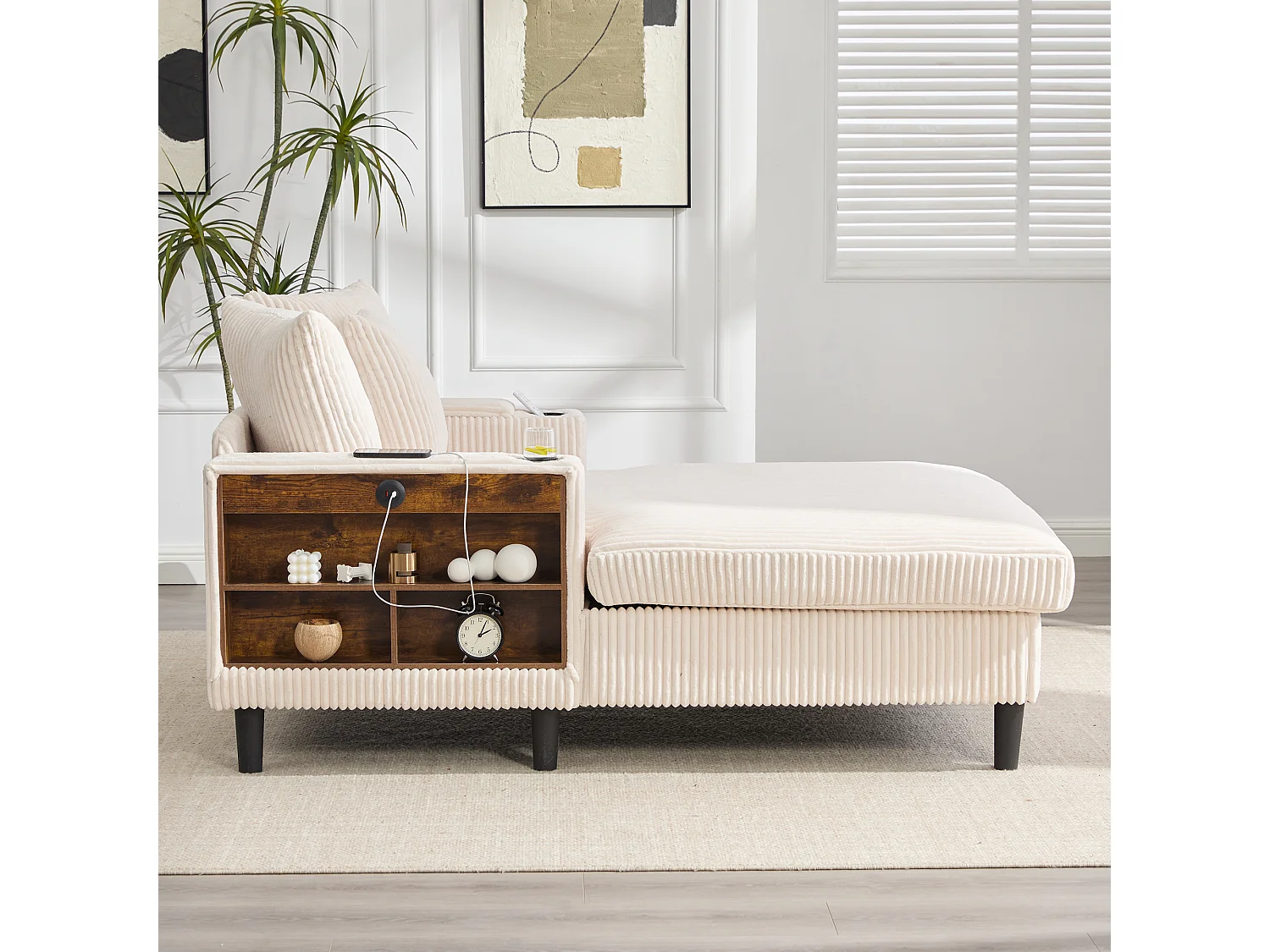 Méridienne 2 places en velours côtelé - 170 x 129 x 70 cm - avec porte-gobelets + Leds + USB + étagères + poche - beige