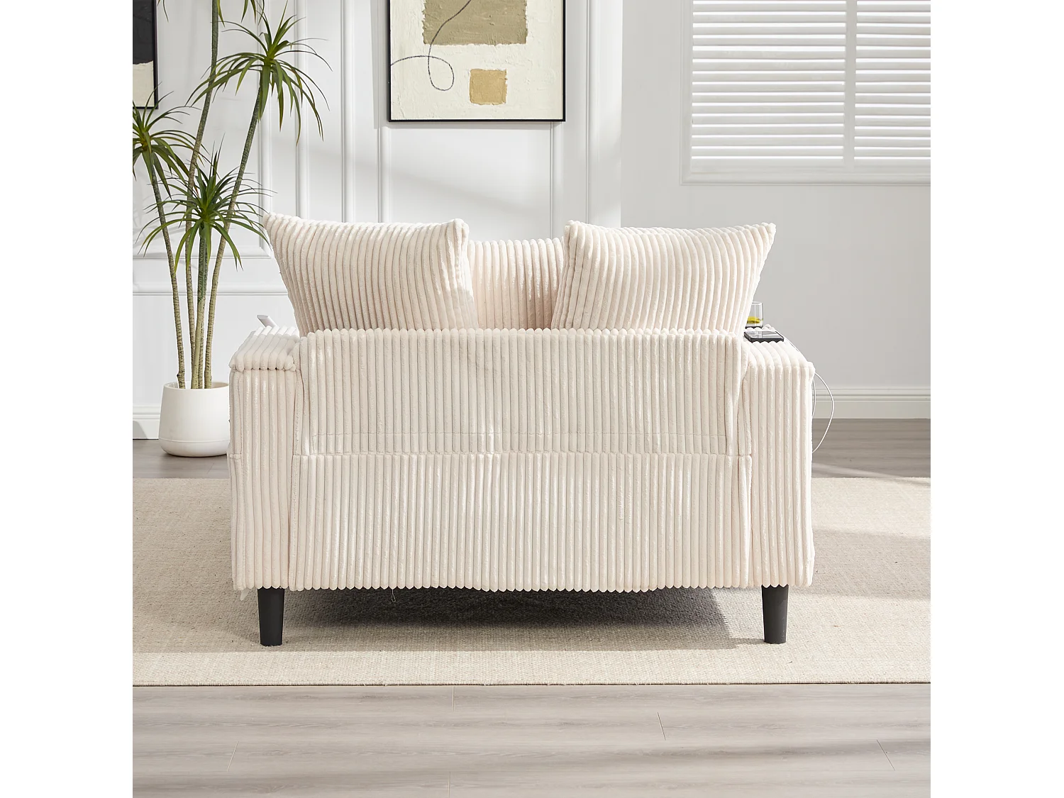 Méridienne 2 places en velours côtelé - 170 x 129 x 70 cm - avec porte-gobelets + Leds + USB + étagères + poche - beige