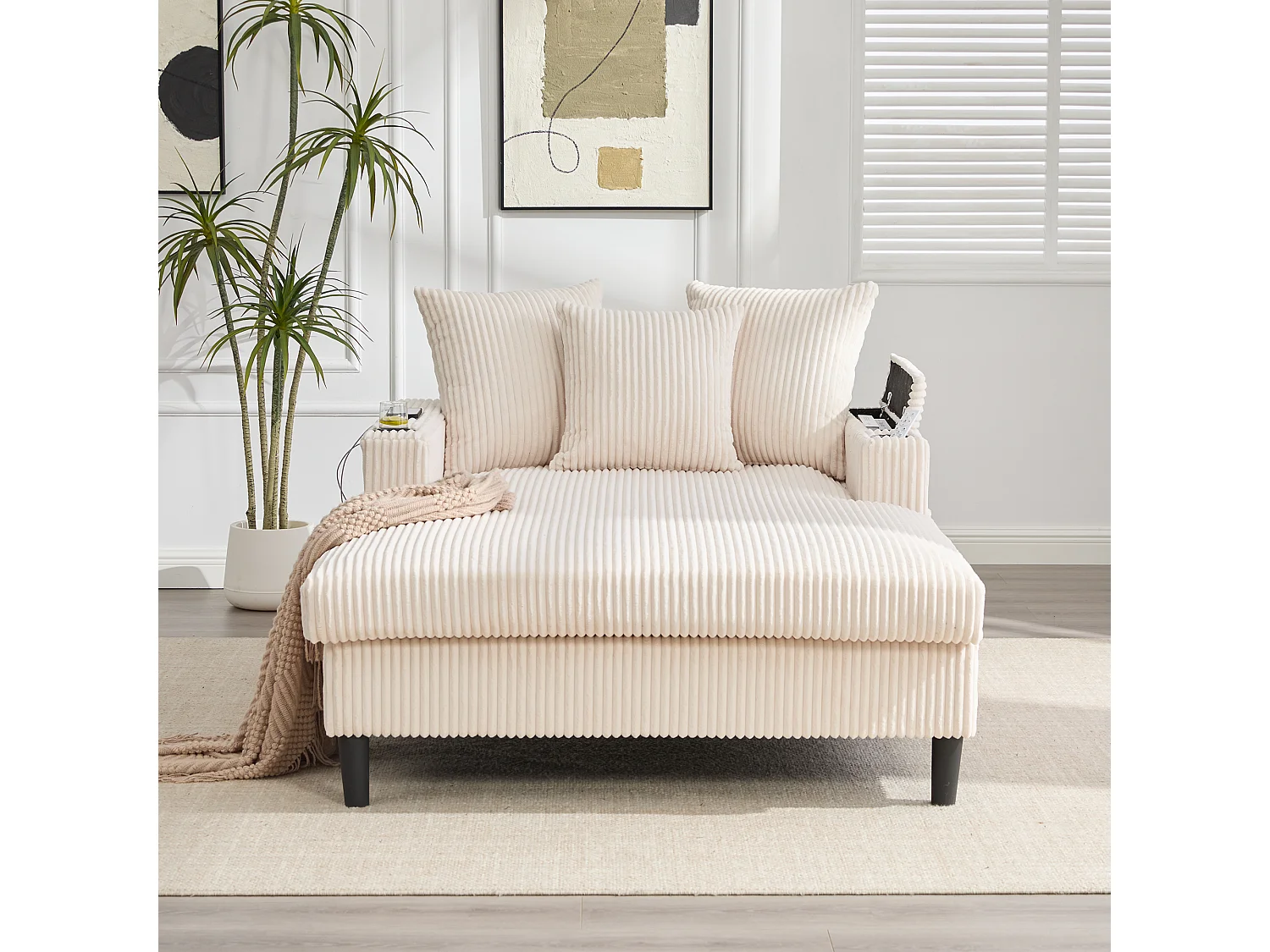 Méridienne 2 places en velours côtelé - 170 x 129 x 70 cm - avec porte-gobelets + Leds + USB + étagères + poche - beige