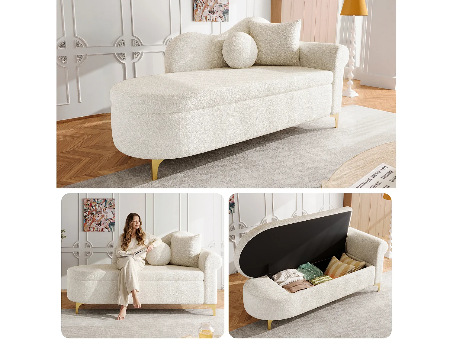 Méridienne moderne de dossier ondulé - 134 x 64 x 70 cm - avec rangement + coussins - beige-blanc