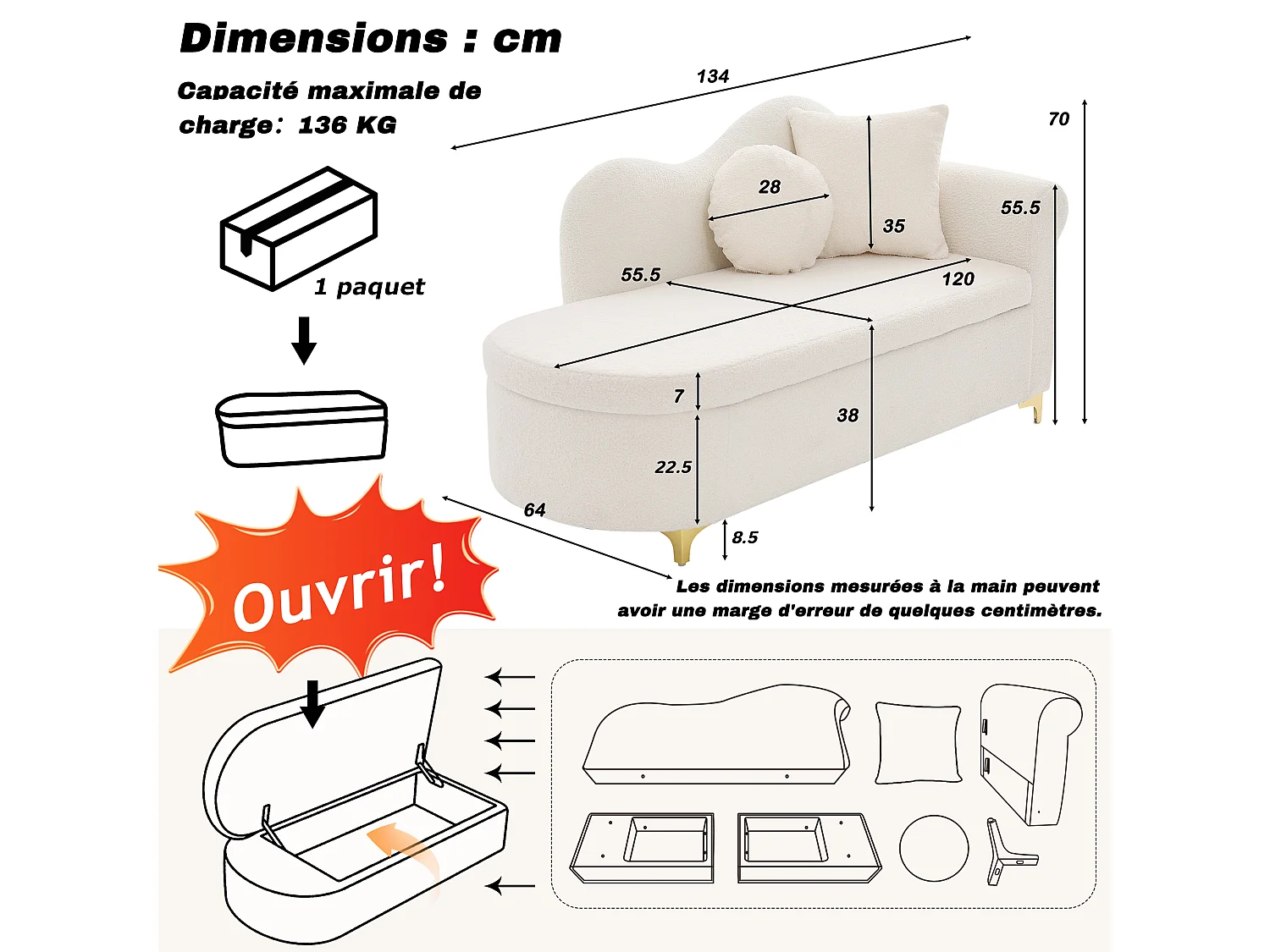 Méridienne moderne de dossier ondulé - 134 x 64 x 70 cm - avec rangement + coussins - beige-blanc