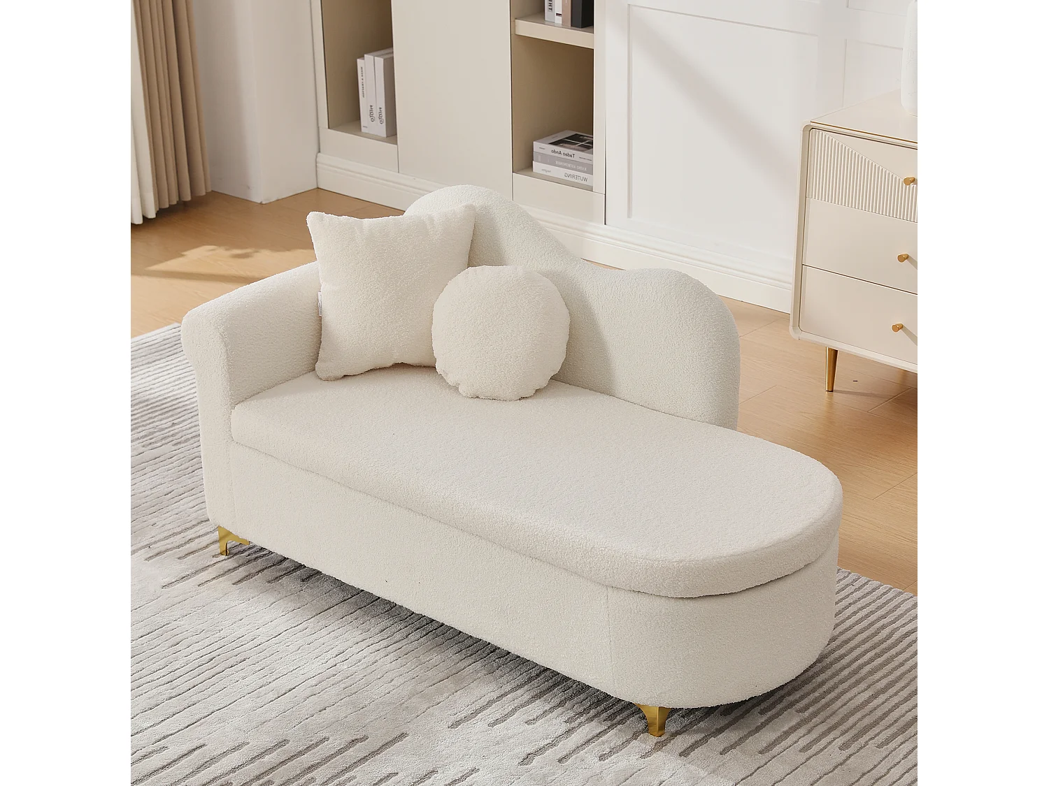 Méridienne moderne de dossier ondulé - 134 x 64 x 70 cm - avec rangement + coussins - beige-blanc
