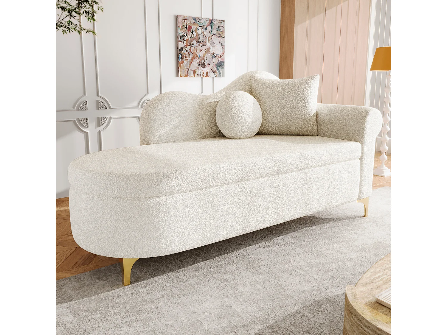 Méridienne moderne de dossier ondulé - 134 x 64 x 70 cm - avec rangement + coussins - beige-blanc