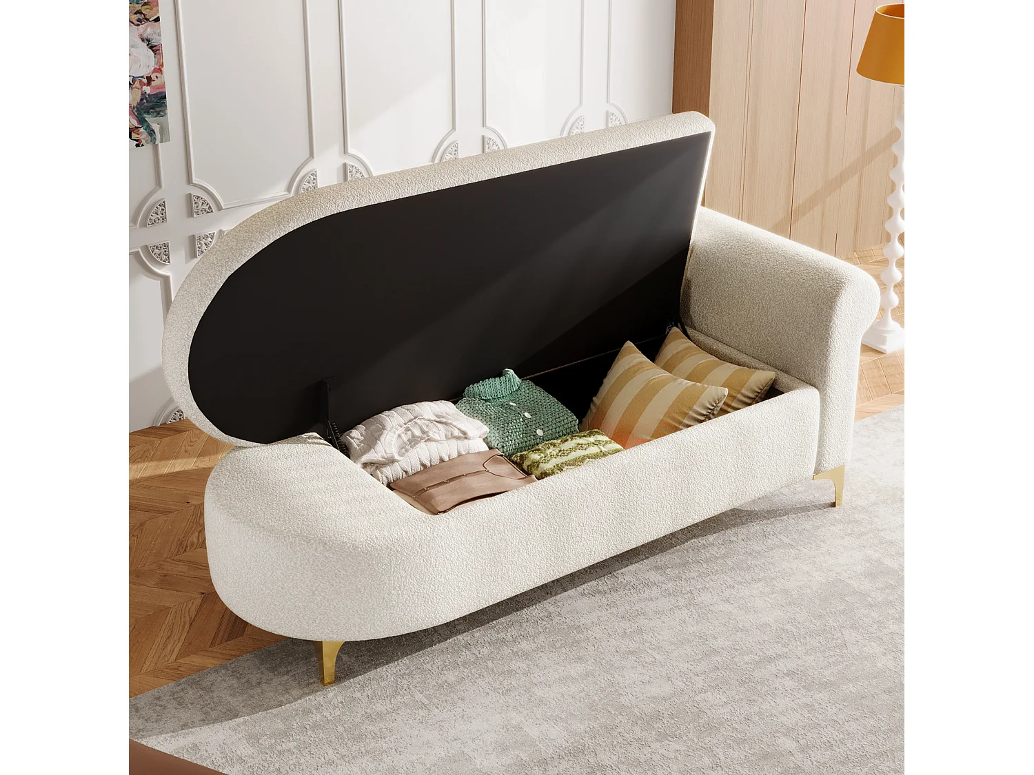 Méridienne moderne de dossier ondulé - 134 x 64 x 70 cm - avec rangement + coussins - beige-blanc