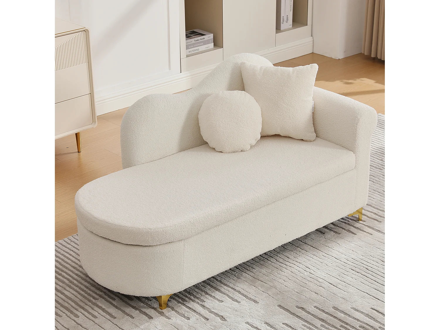 Méridienne moderne de dossier ondulé - 134 x 64 x 70 cm - avec rangement + coussins - beige-blanc