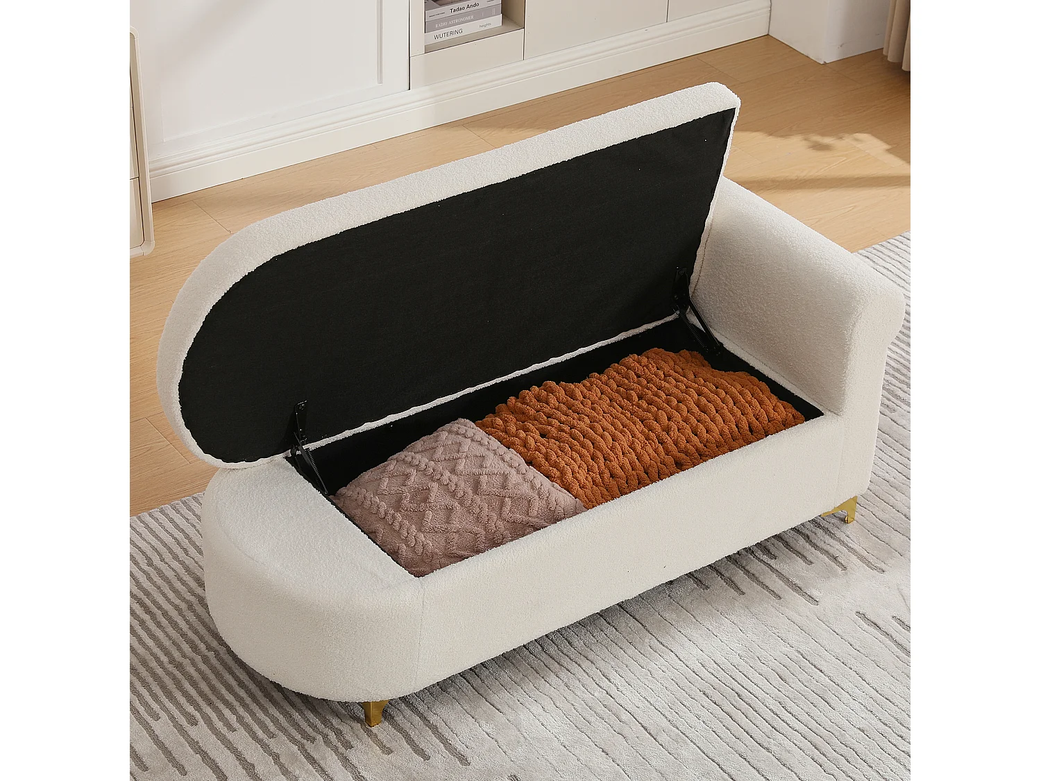 Méridienne moderne de dossier ondulé - 134 x 64 x 70 cm - avec rangement + coussins - beige-blanc