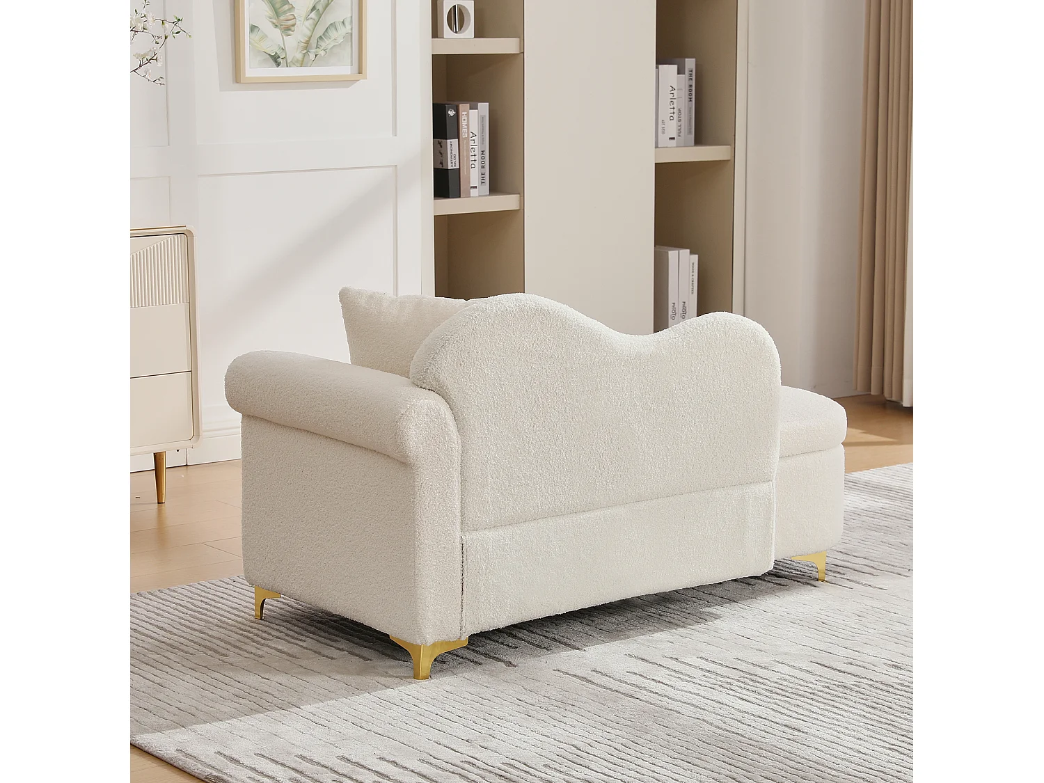 Méridienne moderne de dossier ondulé - 134 x 64 x 70 cm - avec rangement + coussins - beige-blanc