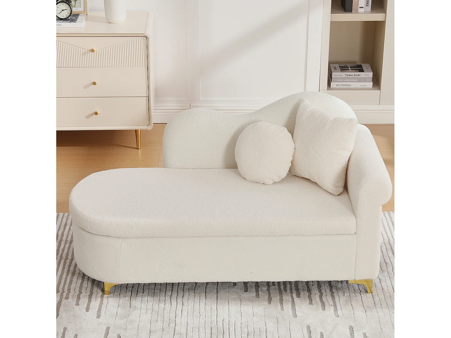 Méridienne moderne de dossier ondulé - 134 x 64 x 70 cm - avec rangement + coussins - beige-blanc