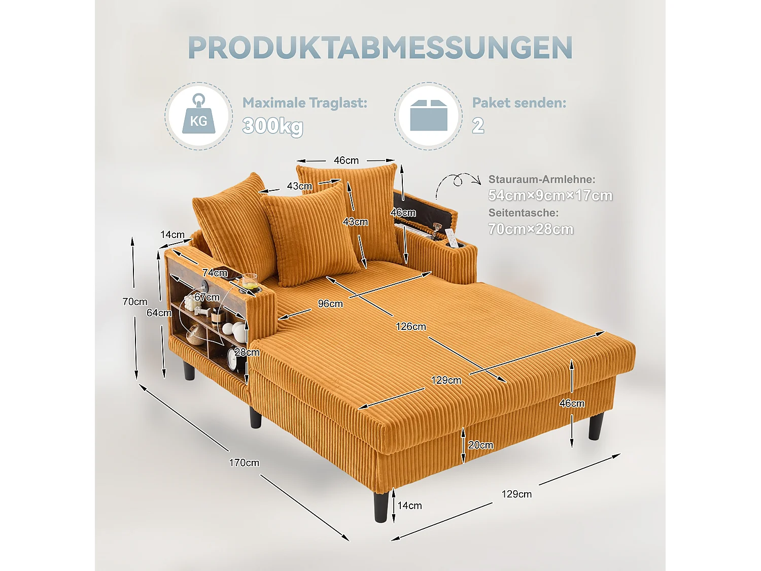 Méridienne 2 places en velours côtelé - 170 x 129 x 70 cm - avec porte-gobelets + Leds + USB + étagères + poche - Jaune