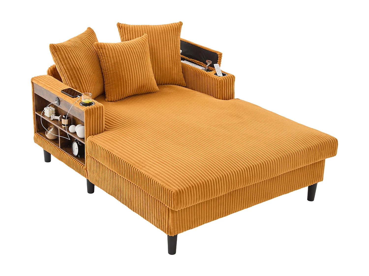 Méridienne 2 places en velours côtelé - 170 x 129 x 70 cm - avec porte-gobelets + Leds + USB + étagères + poche - Jaune