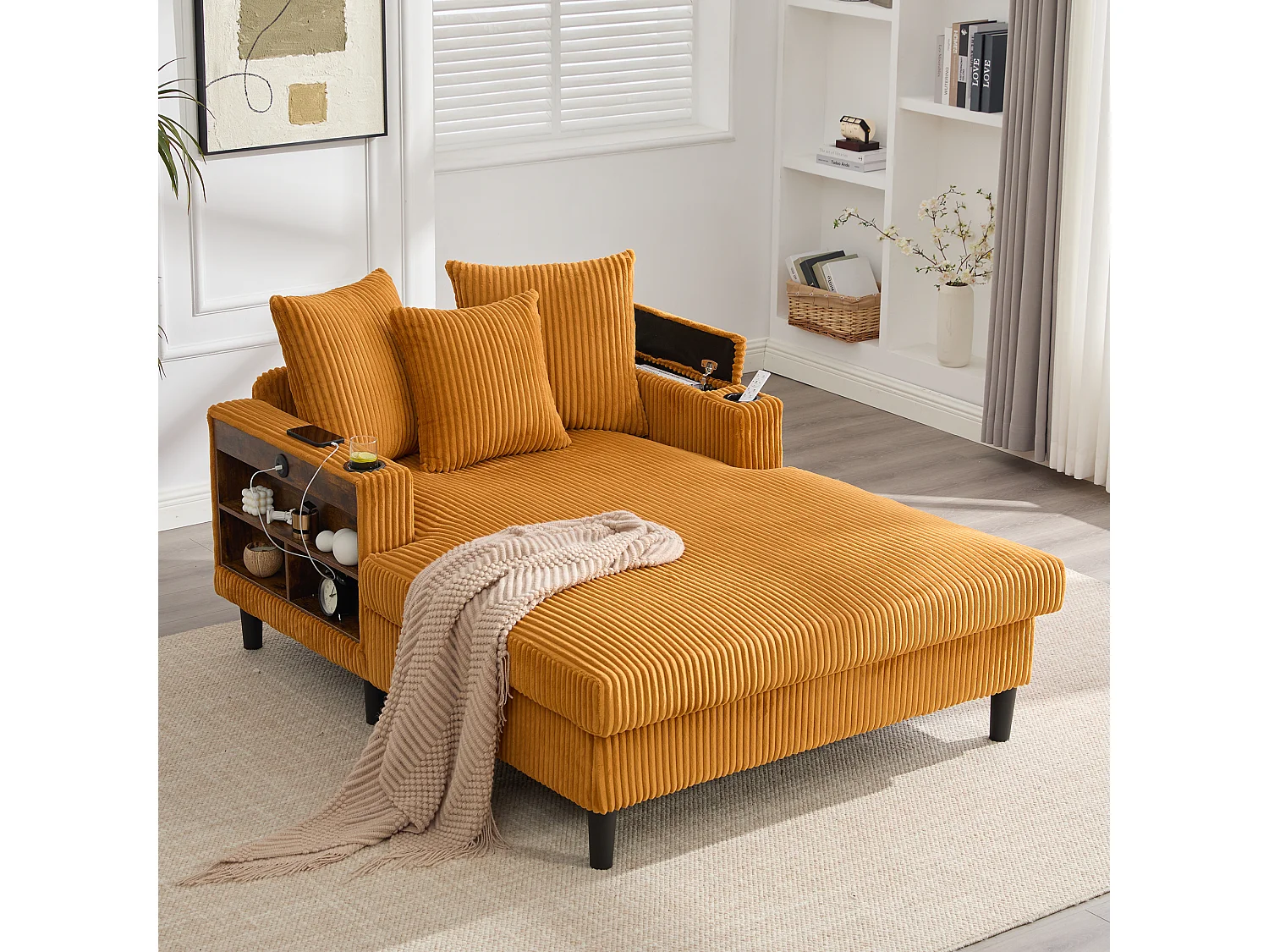 Méridienne 2 places en velours côtelé - 170 x 129 x 70 cm - avec porte-gobelets + Leds + USB + étagères + poche - Jaune