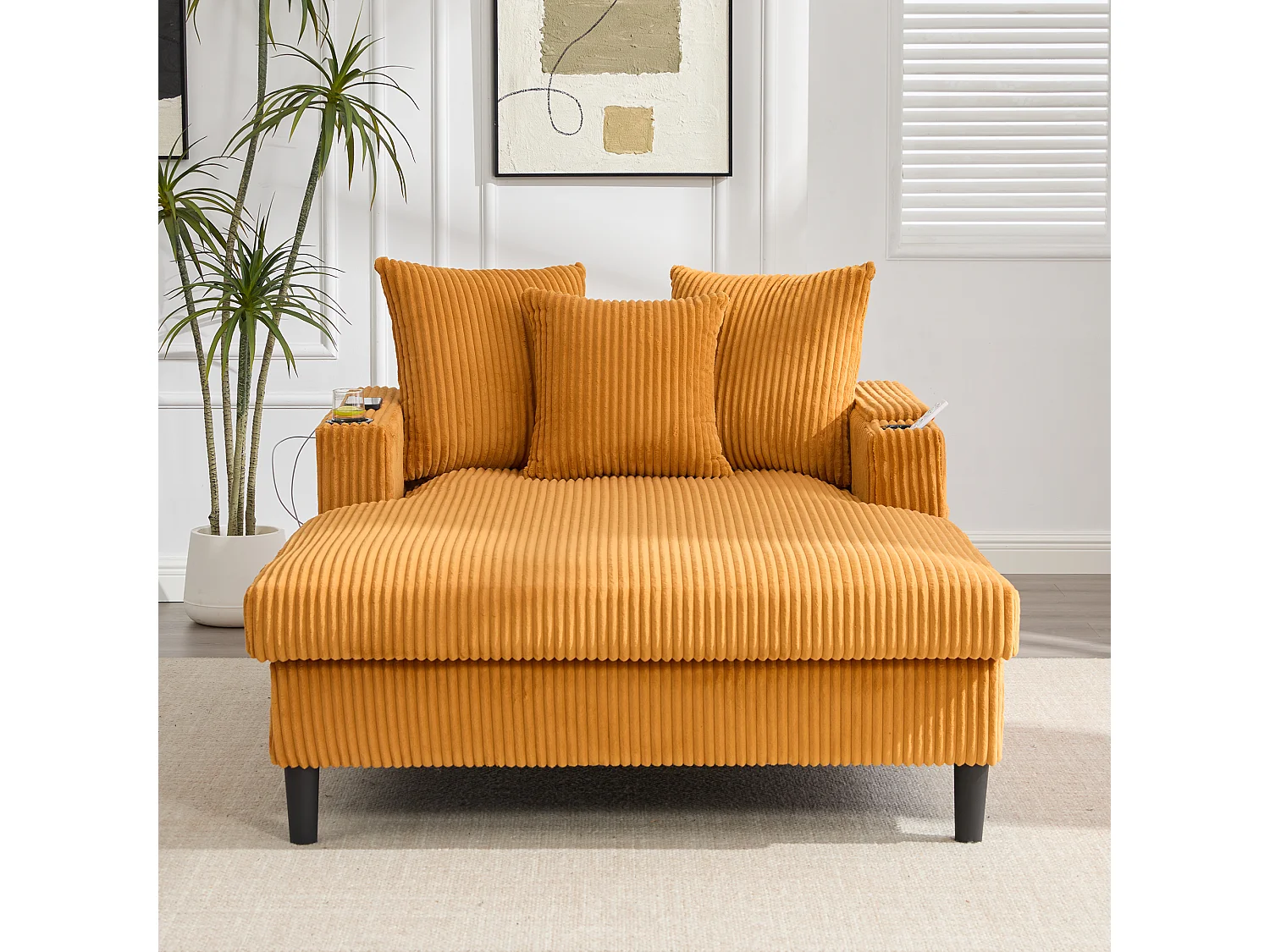 Méridienne 2 places en velours côtelé - 170 x 129 x 70 cm - avec porte-gobelets + Leds + USB + étagères + poche - Jaune