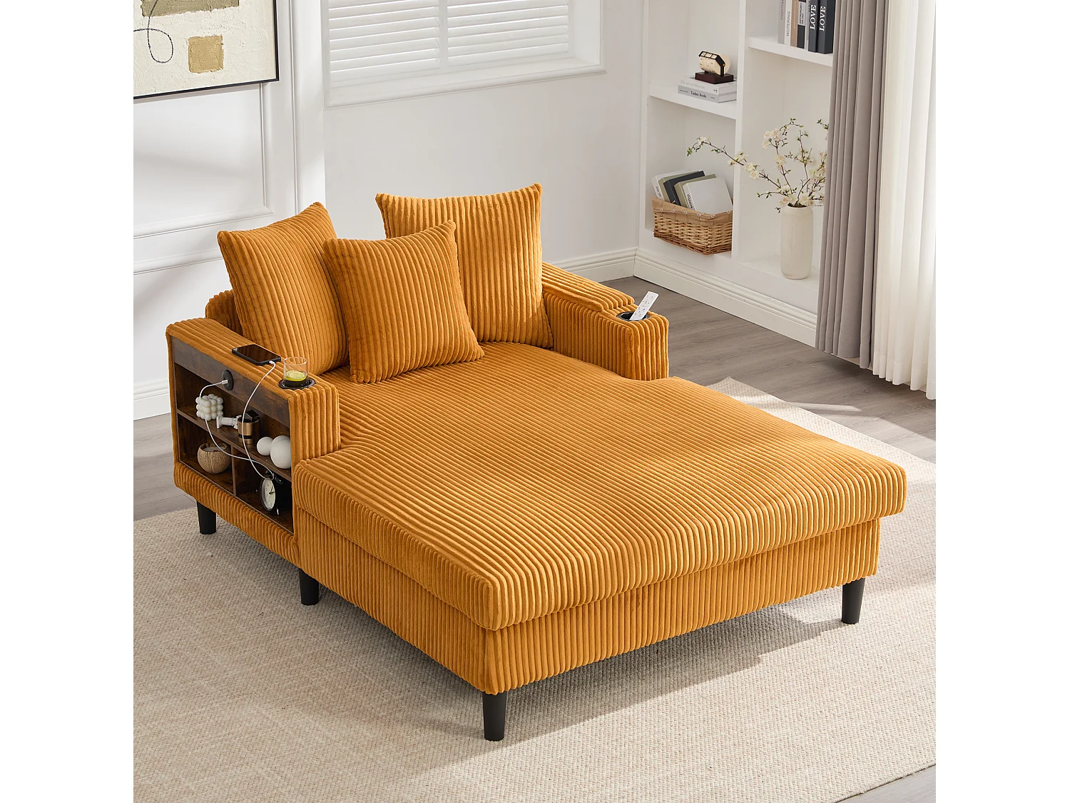 Méridienne 2 places en velours côtelé - 170 x 129 x 70 cm - avec porte-gobelets + Leds + USB + étagères + poche - Jaune