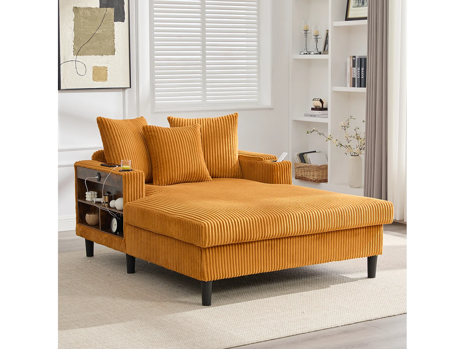 Méridienne 2 places en velours côtelé - 170 x 129 x 70 cm - avec porte-gobelets + Leds + USB + étagères + poche - Jaune