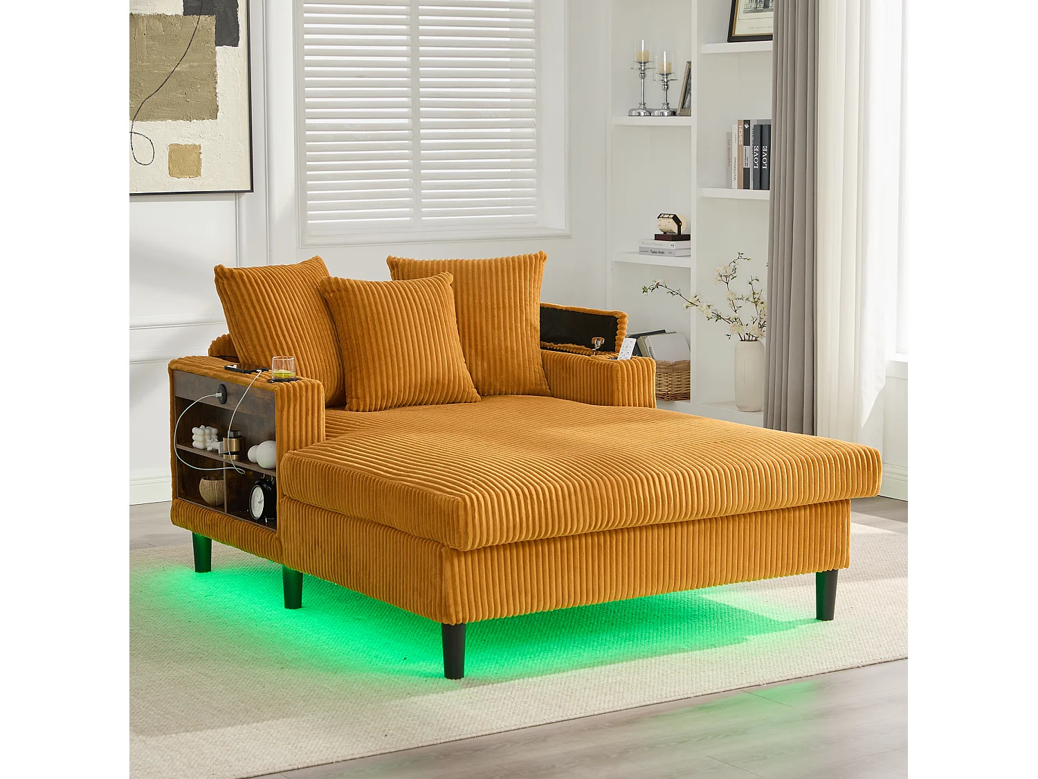 Méridienne 2 places en velours côtelé - 170 x 129 x 70 cm - avec porte-gobelets + Leds + USB + étagères + poche - Jaune