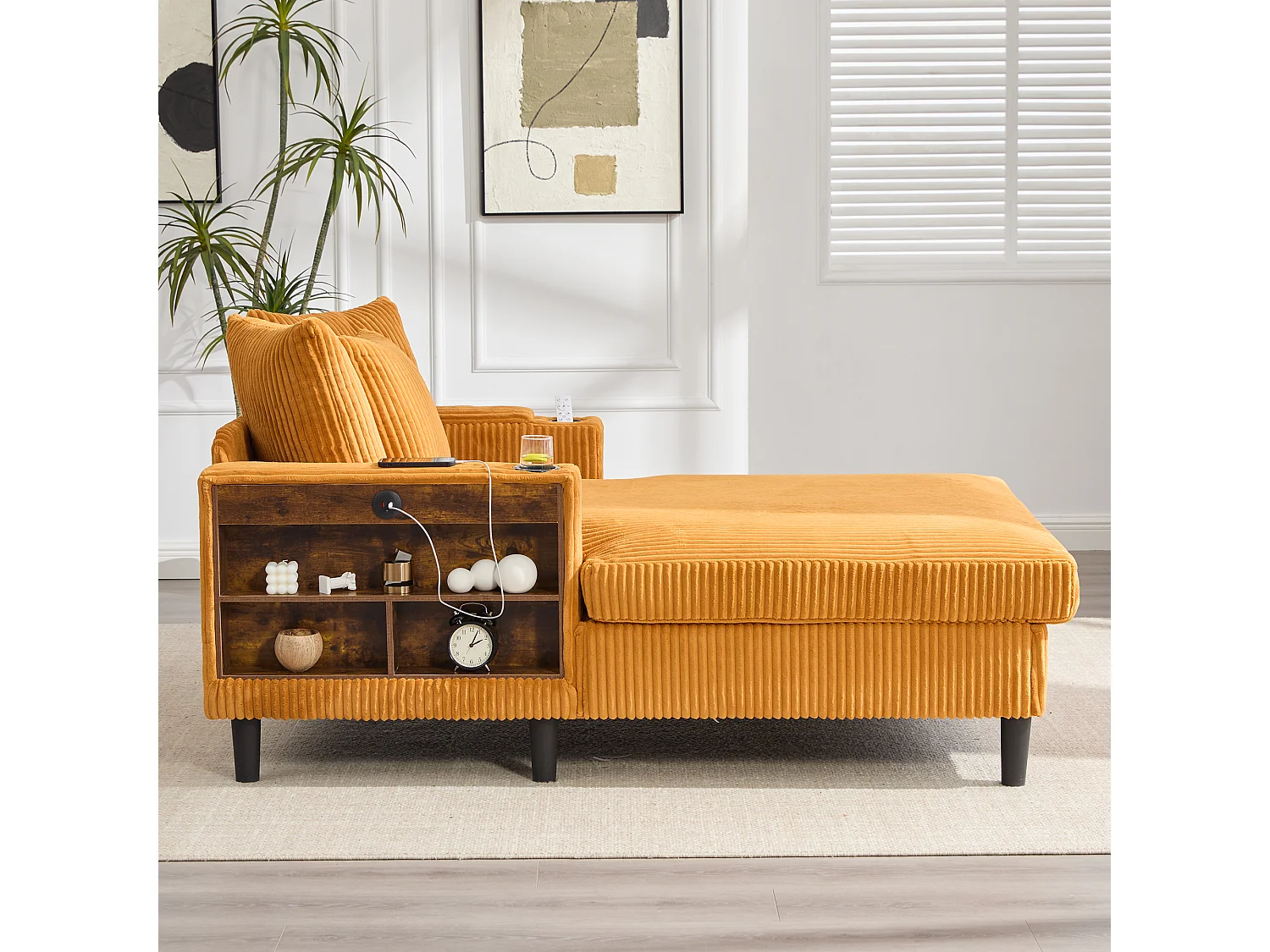 Méridienne 2 places en velours côtelé - 170 x 129 x 70 cm - avec porte-gobelets + Leds + USB + étagères + poche - Jaune