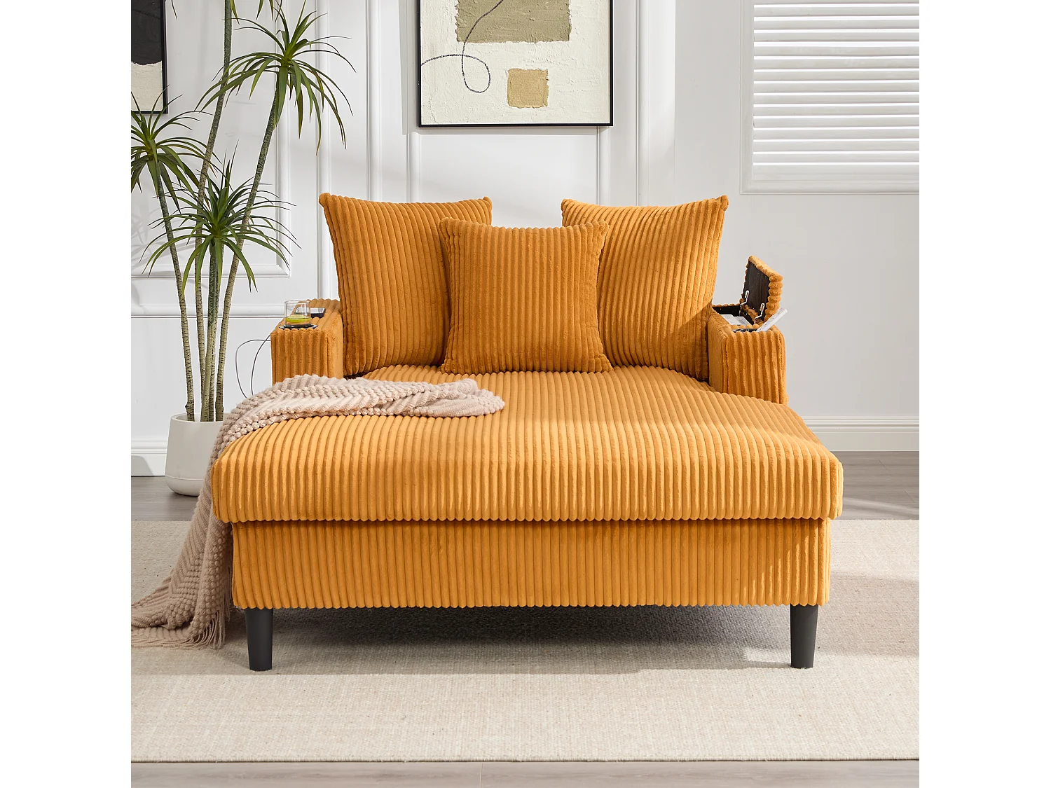 Méridienne 2 places en velours côtelé - 170 x 129 x 70 cm - avec porte-gobelets + Leds + USB + étagères + poche - Jaune