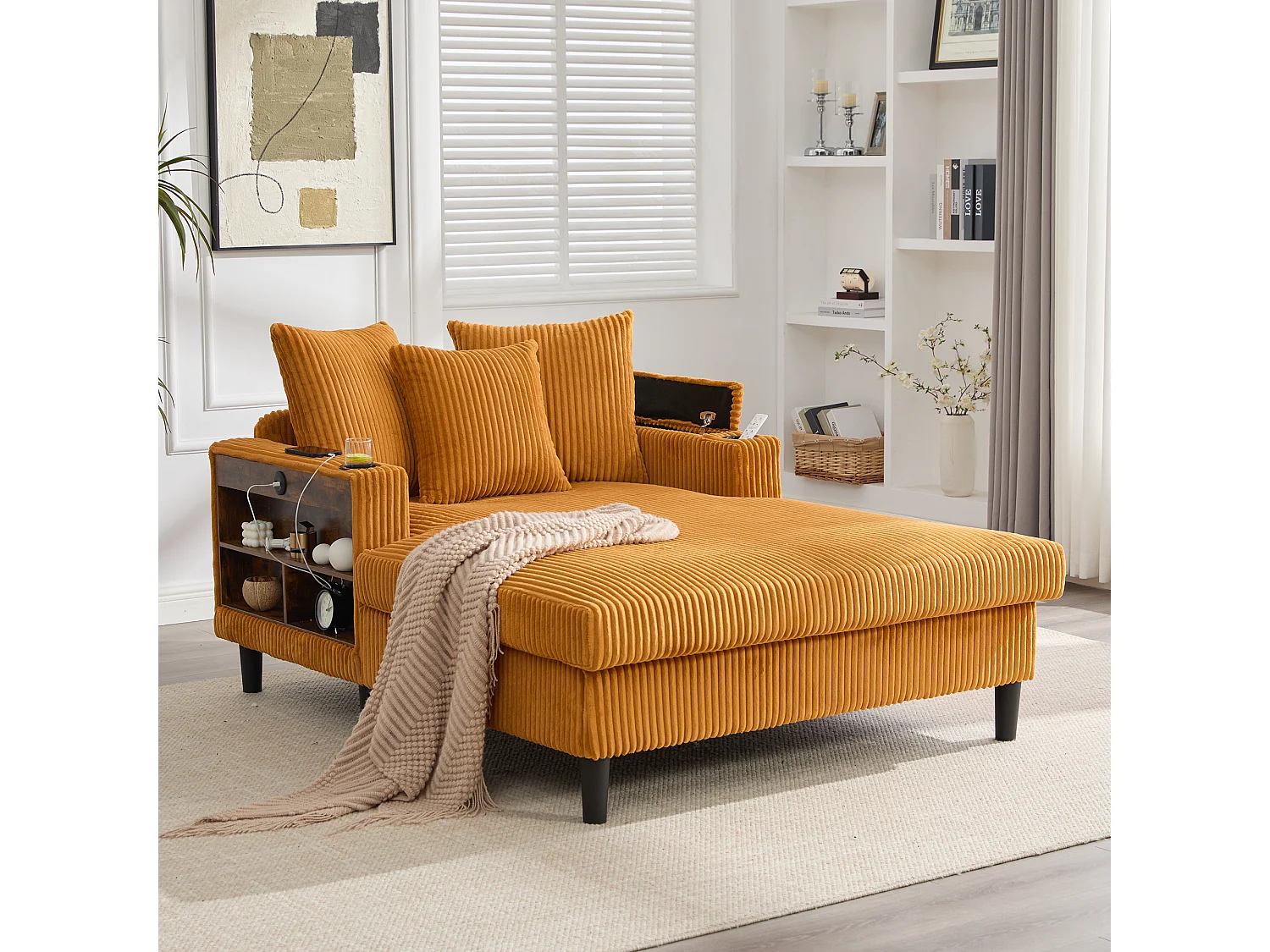 Méridienne 2 places en velours côtelé - 170 x 129 x 70 cm - avec porte-gobelets + Leds + USB + étagères + poche - Jaune