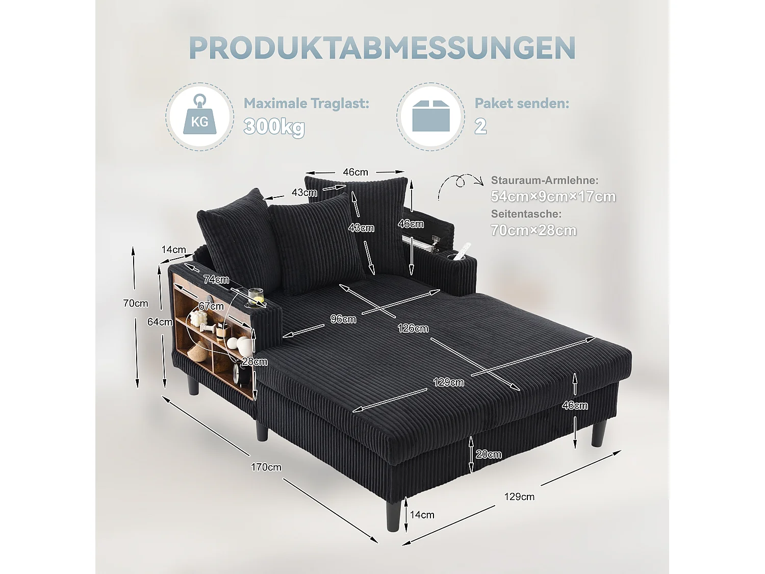 Méridienne 2 places en velours côtelé - 170 x 129 x 70 cm - avec porte-gobelets + Leds + USB + étagères + poche - noir