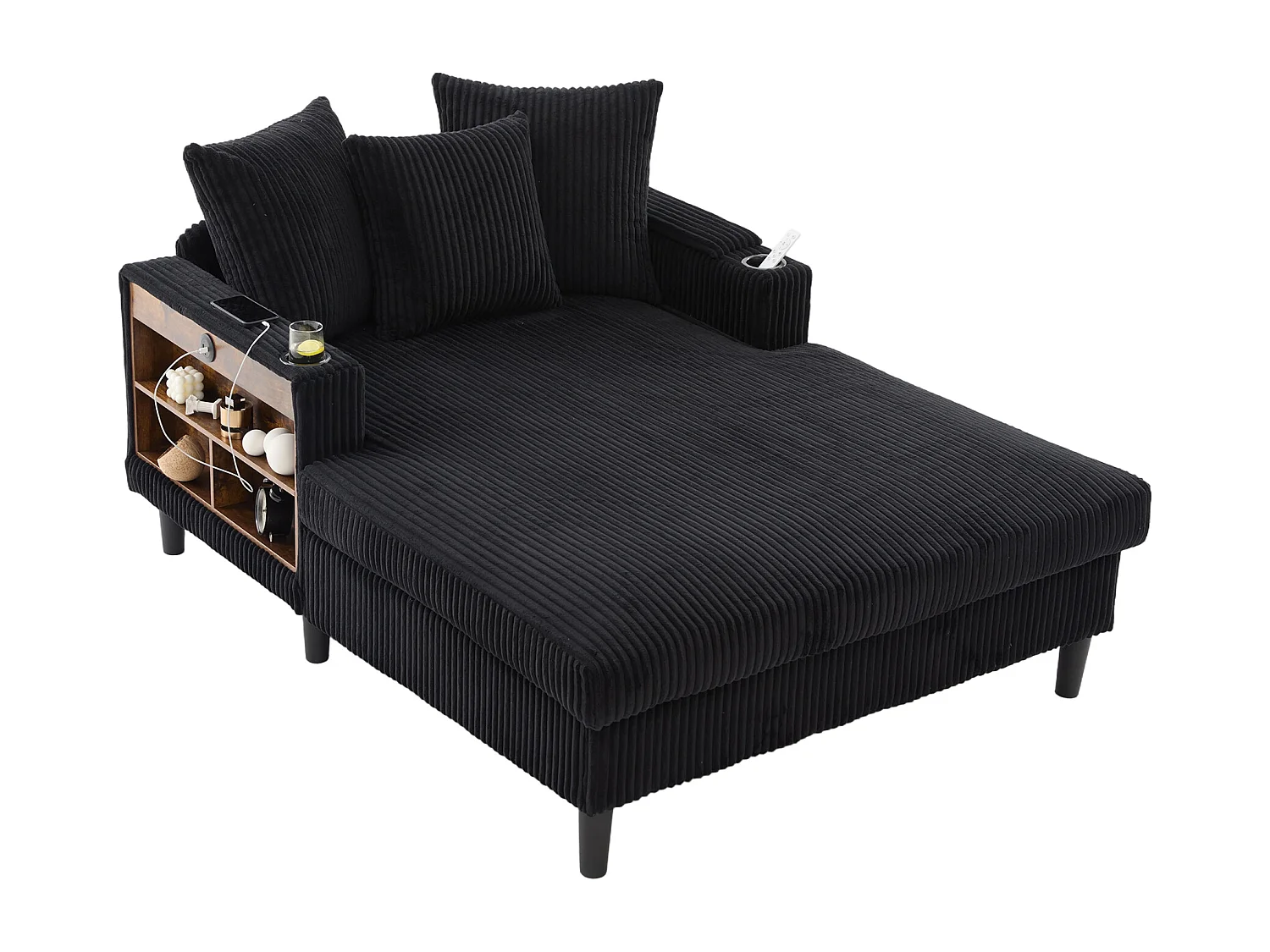 Méridienne 2 places en velours côtelé - 170 x 129 x 70 cm - avec porte-gobelets + Leds + USB + étagères + poche - noir