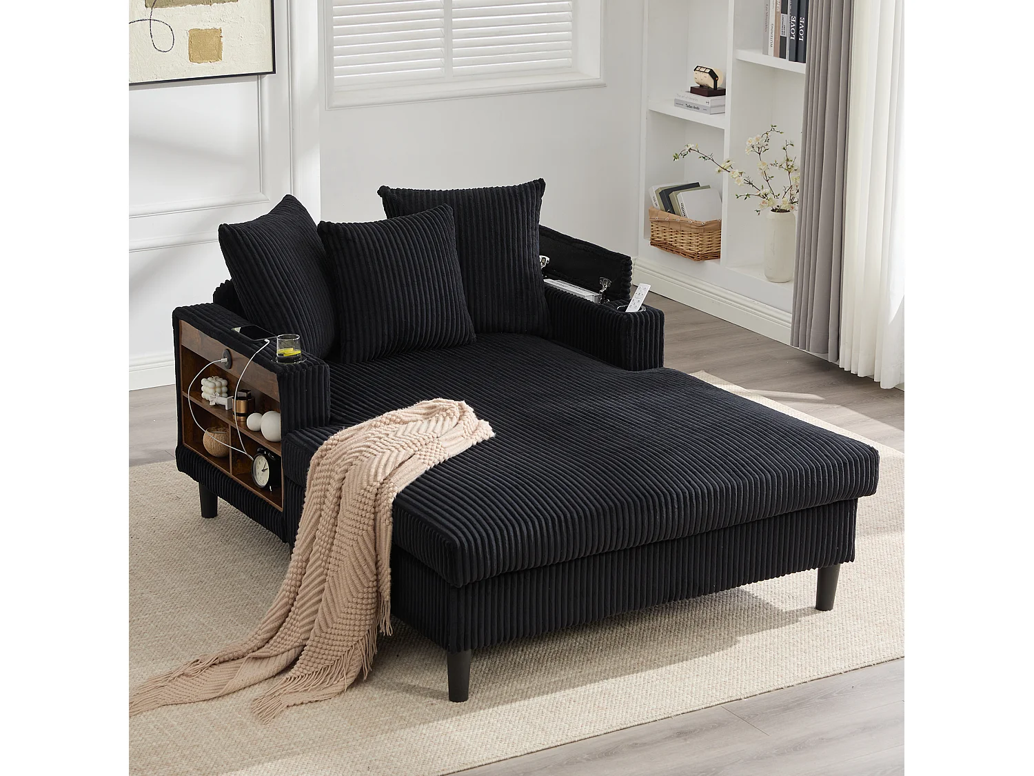 Méridienne 2 places en velours côtelé - 170 x 129 x 70 cm - avec porte-gobelets + Leds + USB + étagères + poche - noir