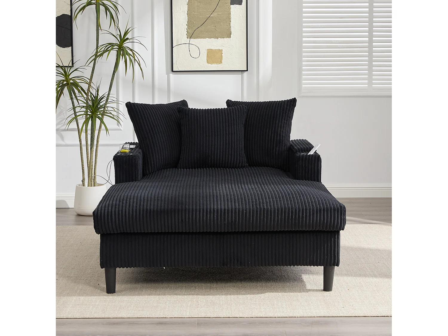 Méridienne 2 places en velours côtelé - 170 x 129 x 70 cm - avec porte-gobelets + Leds + USB + étagères + poche - noir