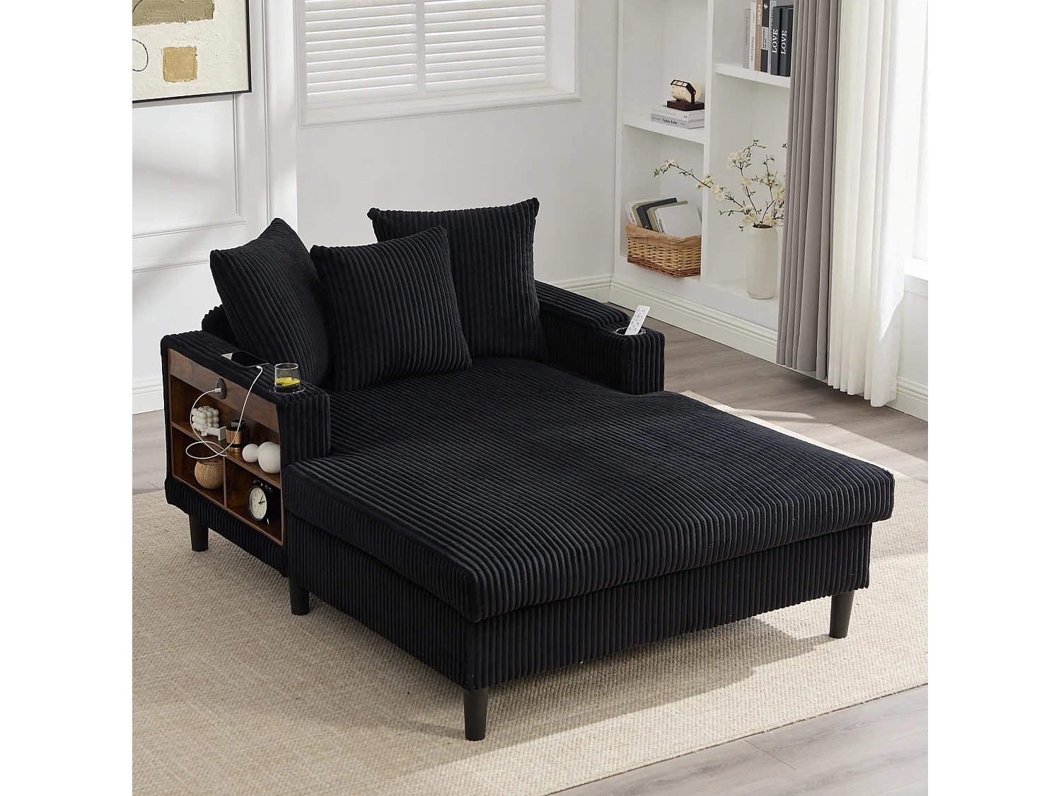 Méridienne 2 places en velours côtelé - 170 x 129 x 70 cm - avec porte-gobelets + Leds + USB + étagères + poche - noir