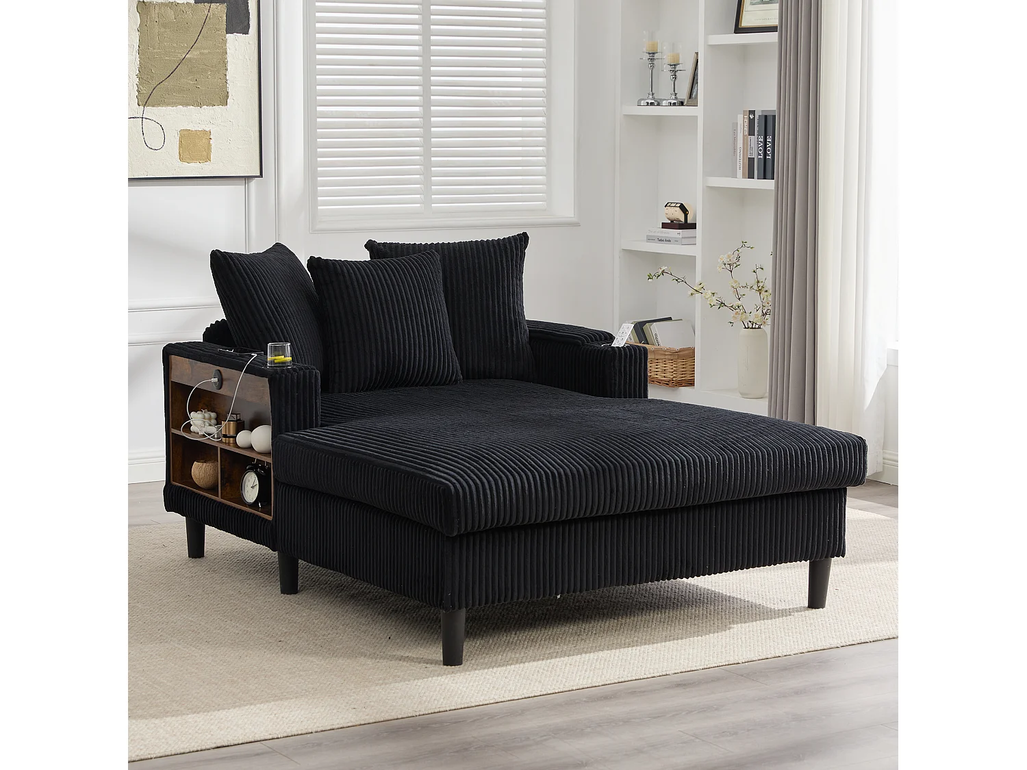 Méridienne 2 places en velours côtelé - 170 x 129 x 70 cm - avec porte-gobelets + Leds + USB + étagères + poche - noir