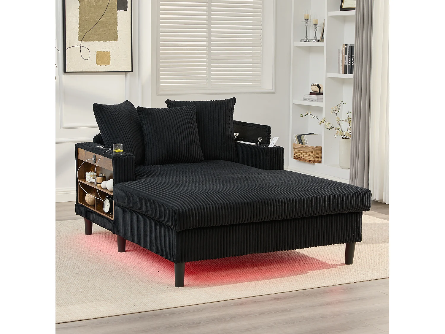 Méridienne 2 places en velours côtelé - 170 x 129 x 70 cm - avec porte-gobelets + Leds + USB + étagères + poche - noir