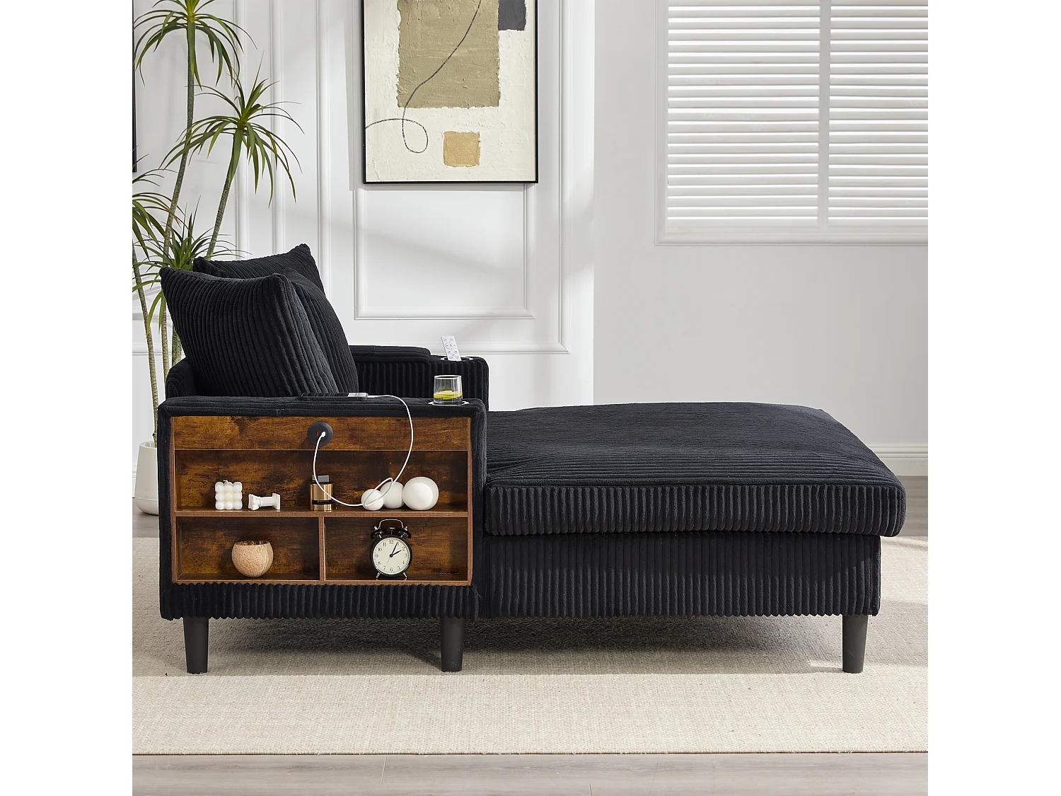 Méridienne 2 places en velours côtelé - 170 x 129 x 70 cm - avec porte-gobelets + Leds + USB + étagères + poche - noir