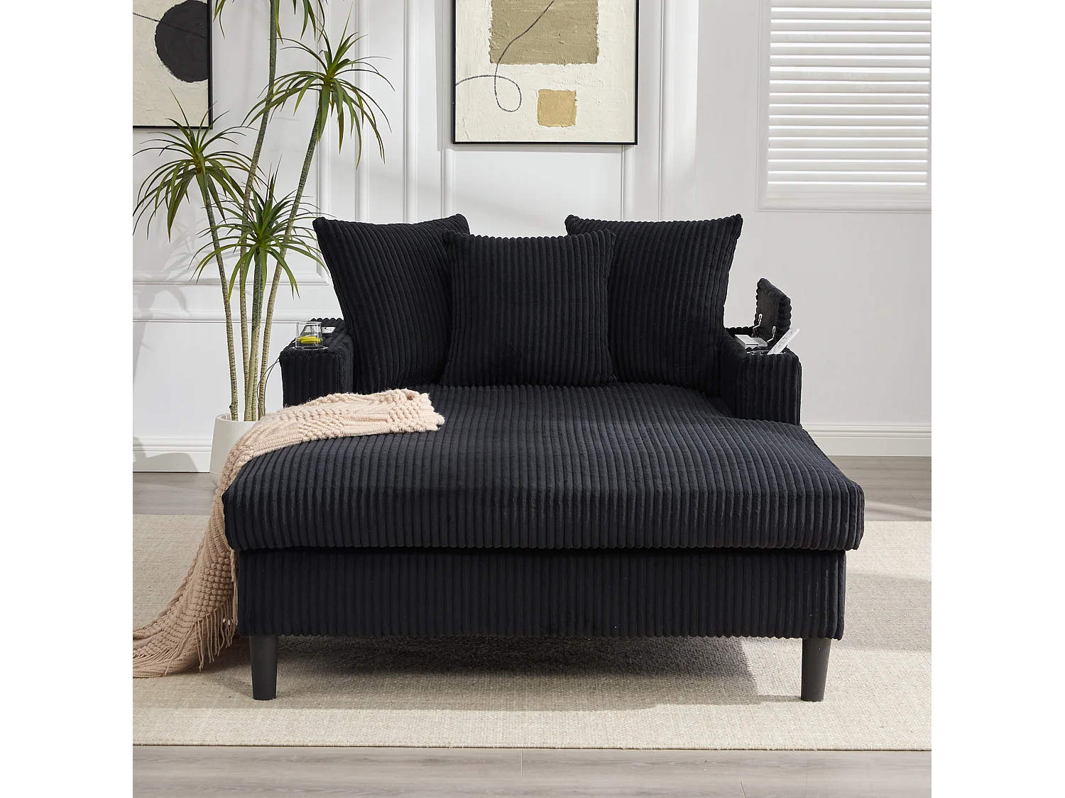 Méridienne 2 places en velours côtelé - 170 x 129 x 70 cm - avec porte-gobelets + Leds + USB + étagères + poche - noir