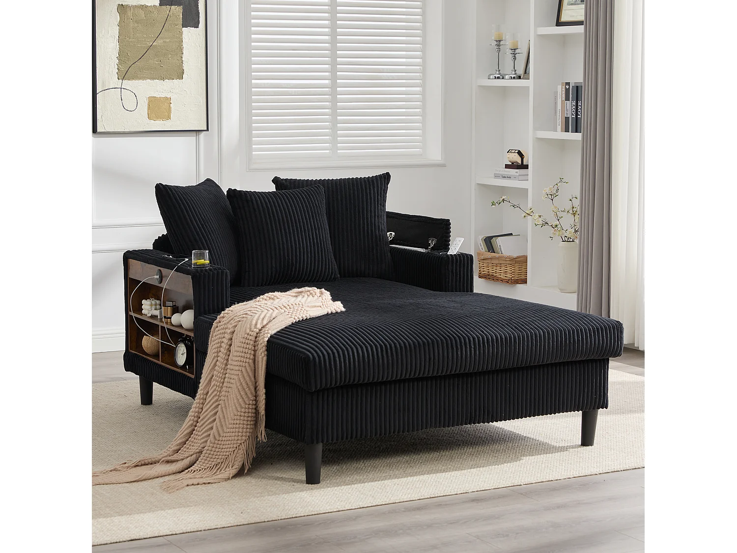 Méridienne 2 places en velours côtelé - 170 x 129 x 70 cm - avec porte-gobelets + Leds + USB + étagères + poche - noir