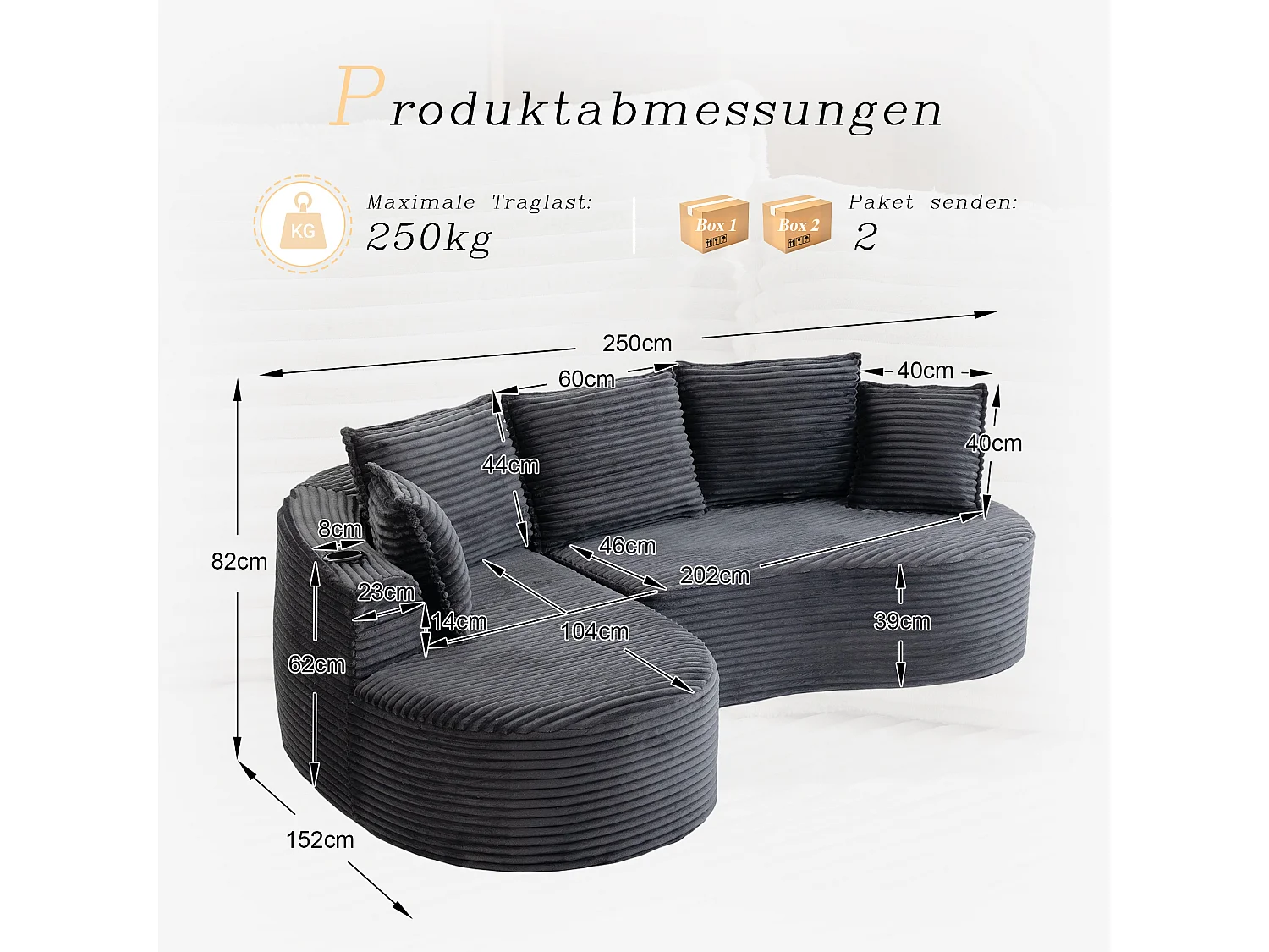 Canapé 3 places en velours côtelé - 250 x 152 x 82 cm - avec porte-gobelet + poche + coussins - gris foncé