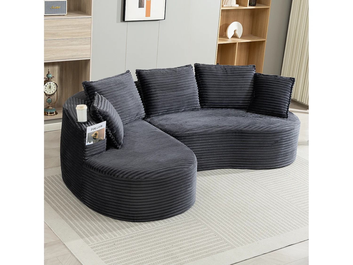 Canapé 3 places en velours côtelé - 250 x 152 x 82 cm - avec porte-gobelet + poche + coussins - gris foncé